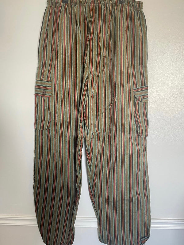 Dark Green/Red Striped Cotton Cargo Trousers, XL