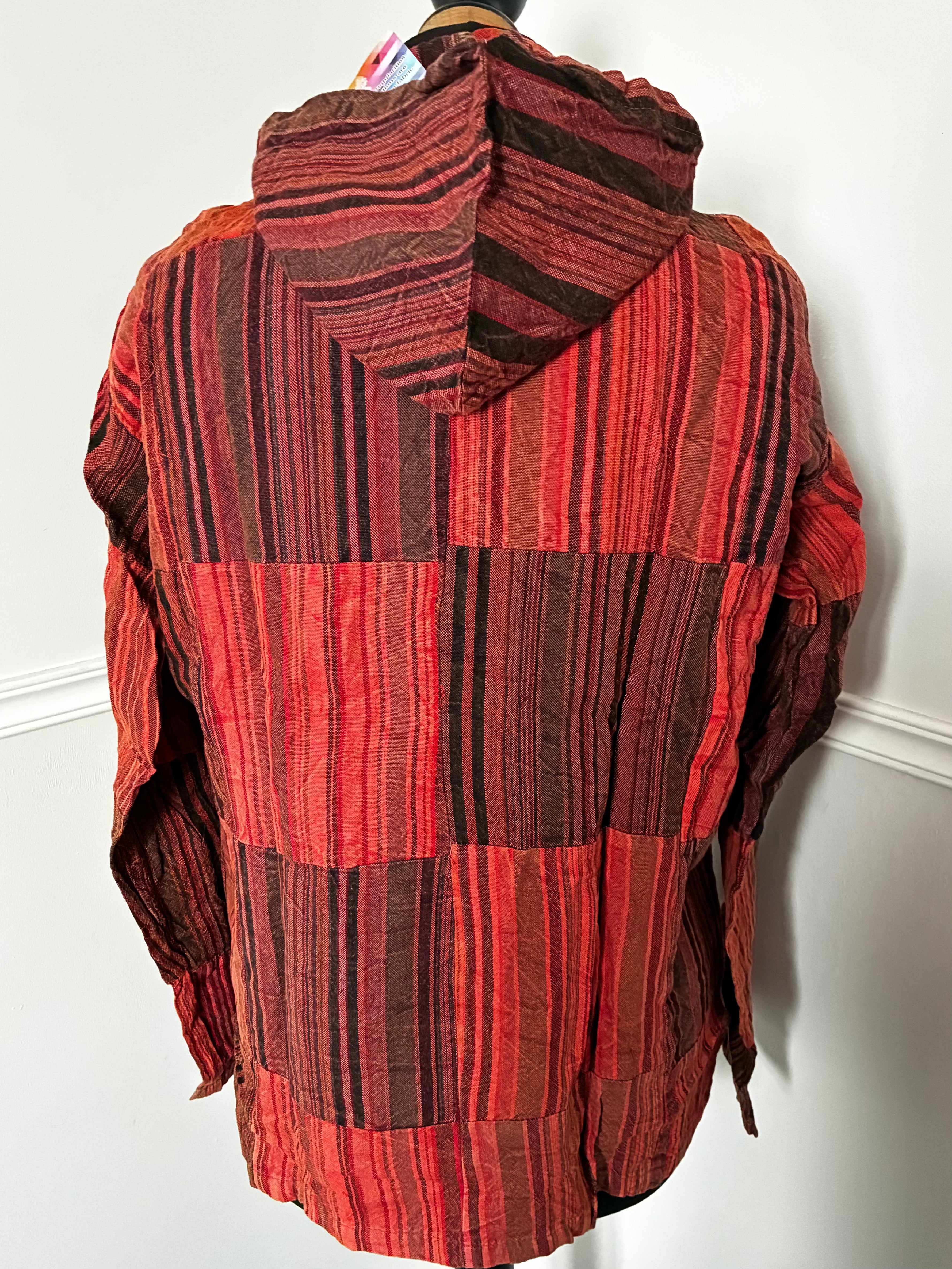 Patchwork Seersucker Hooded Shirt, M