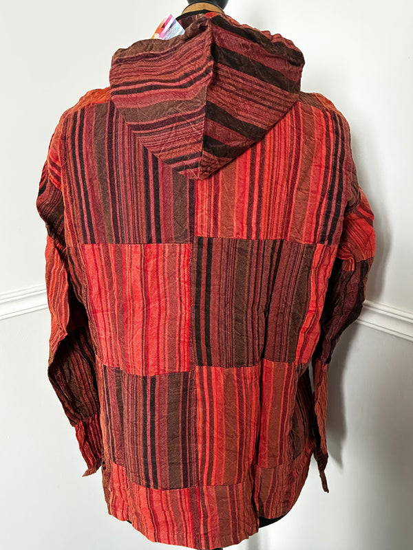 Patchwork Seersucker Hooded Shirt, M