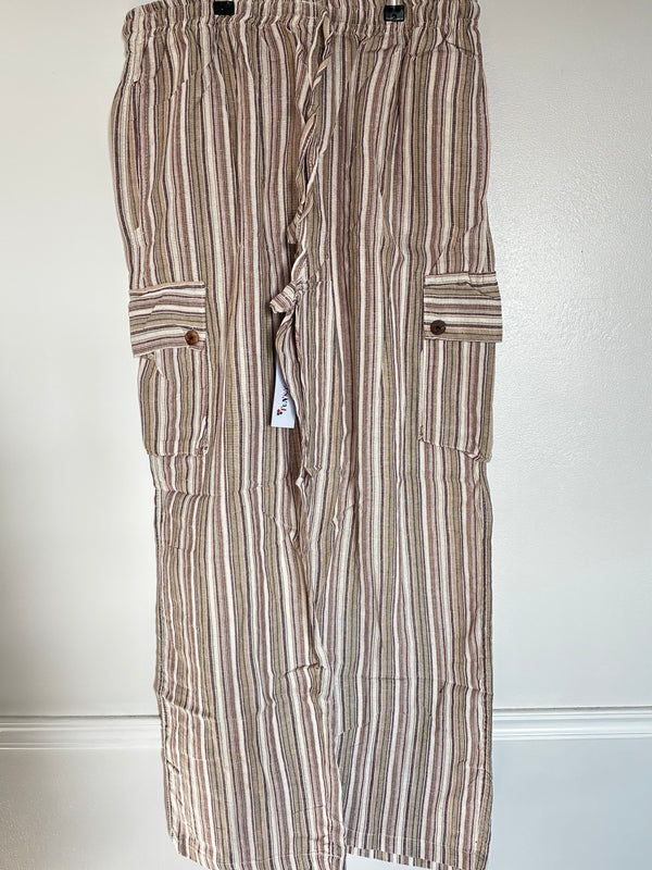Beige Striped Cotton Cargo Trousers, XXL