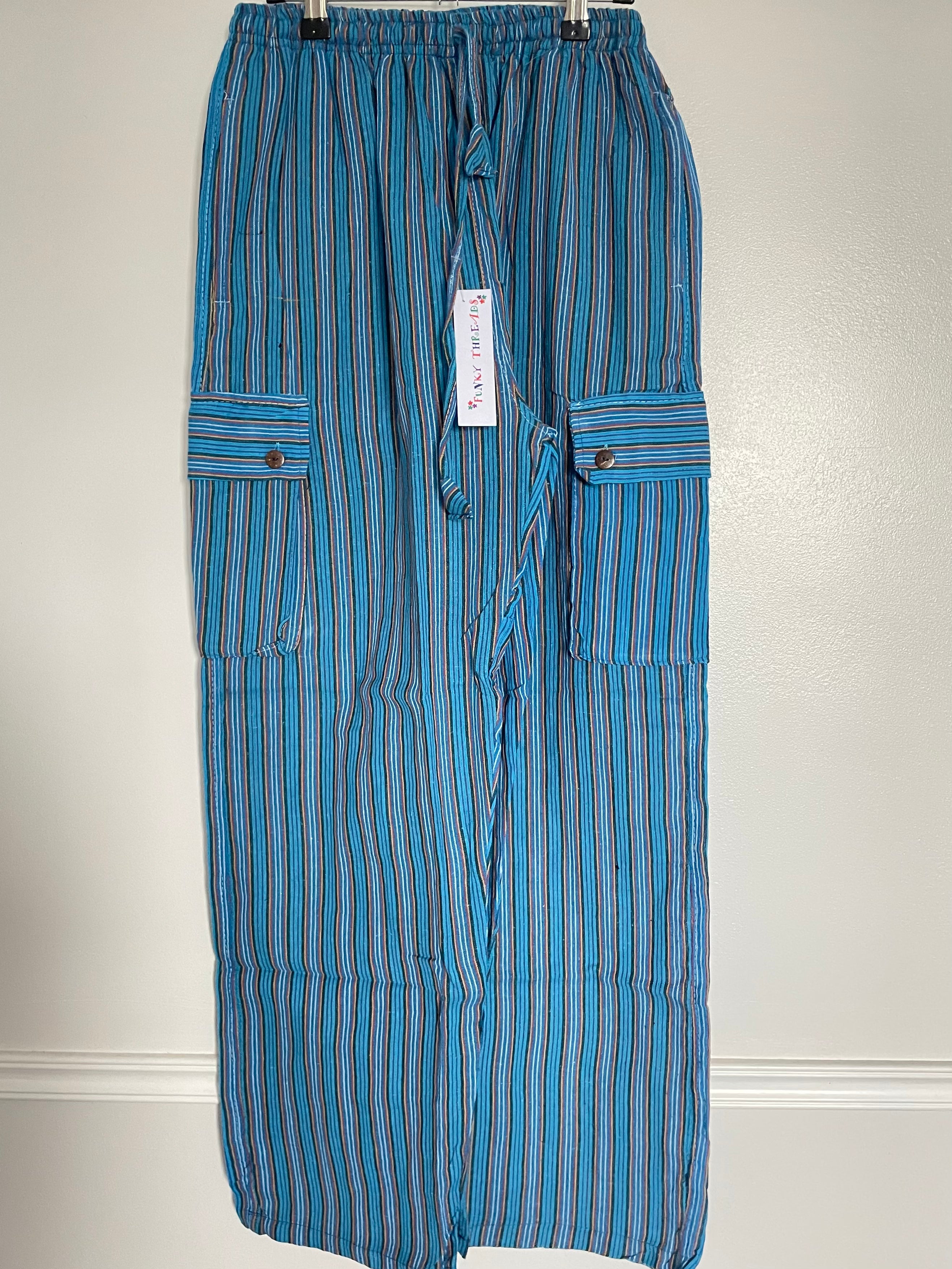 Blue/Orange Striped Cotton Cargo Trousers, S/M