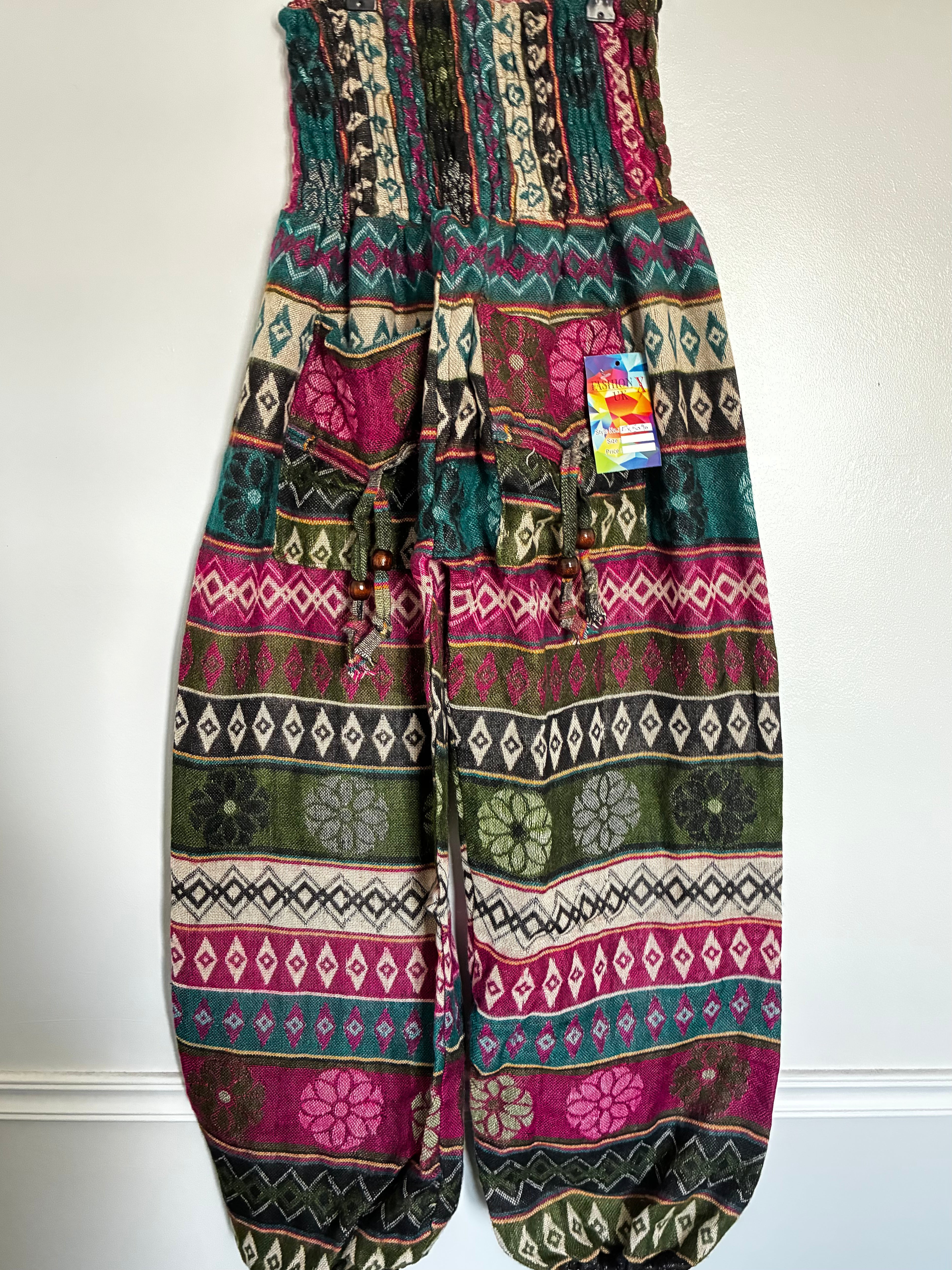 Fluffy Green/Pink Flower Cashmelon Trousers, 22-46" Waist