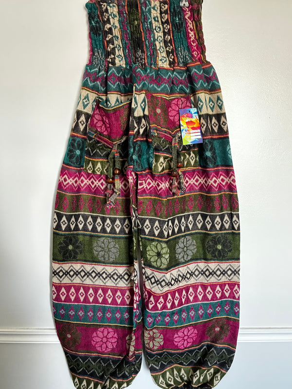 Fluffy Green/Pink Flower Cashmelon Trousers, 22-46" Waist