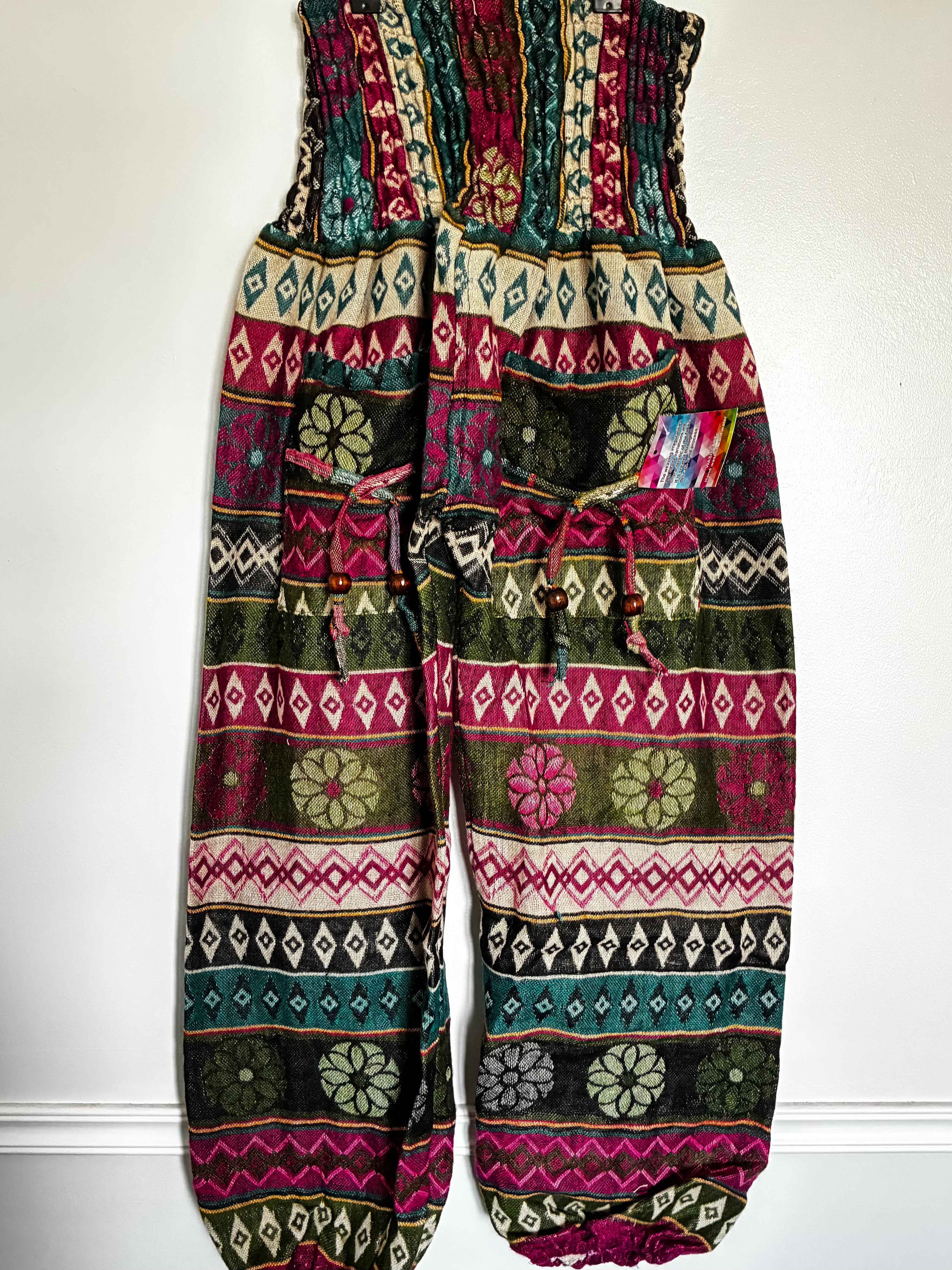 Fluffy Pink/Green Flower Cashmelon Trousers, 22"-47" Waist