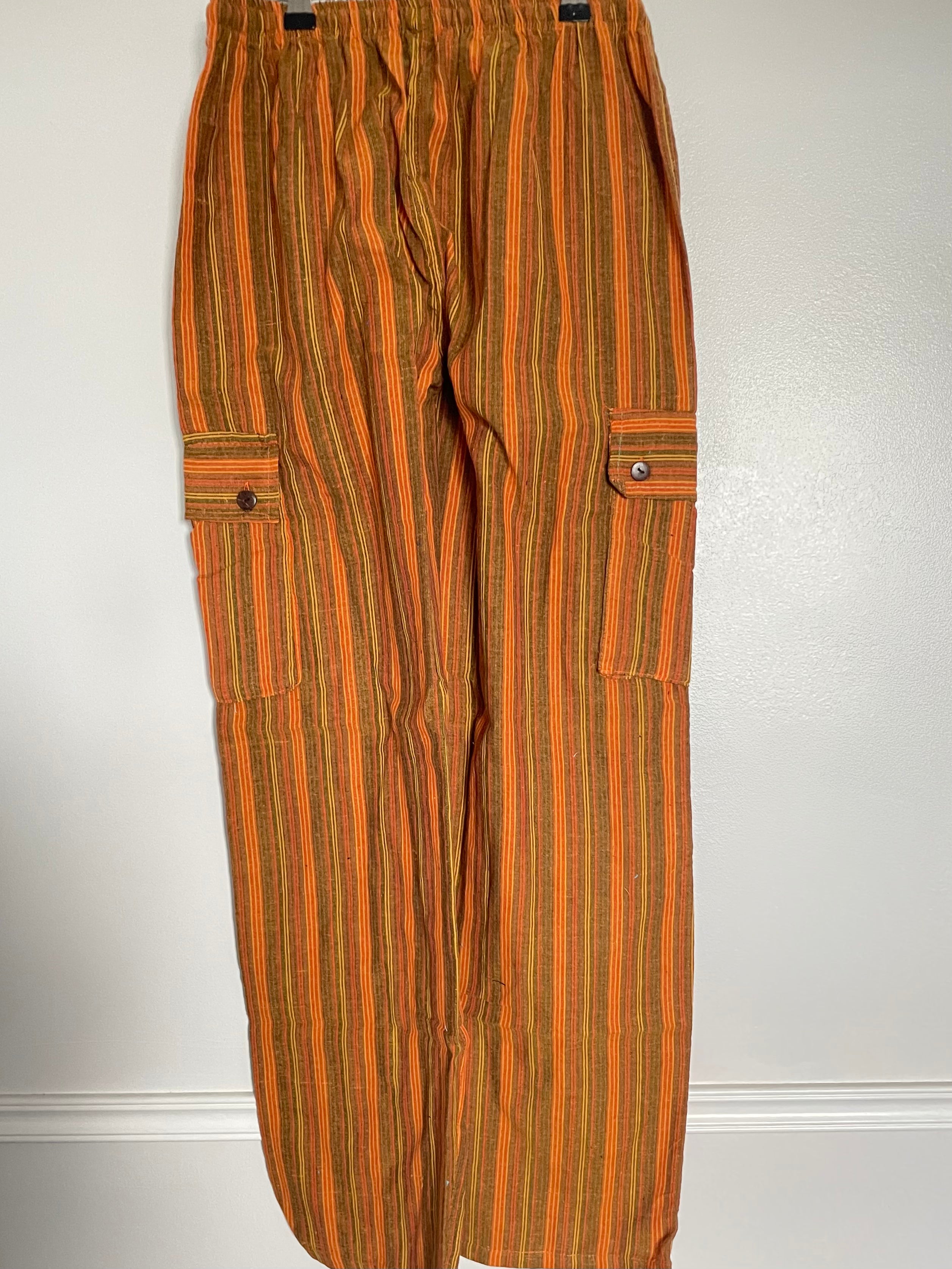 Orange Striped Cotton Cargo Trousers, XXL