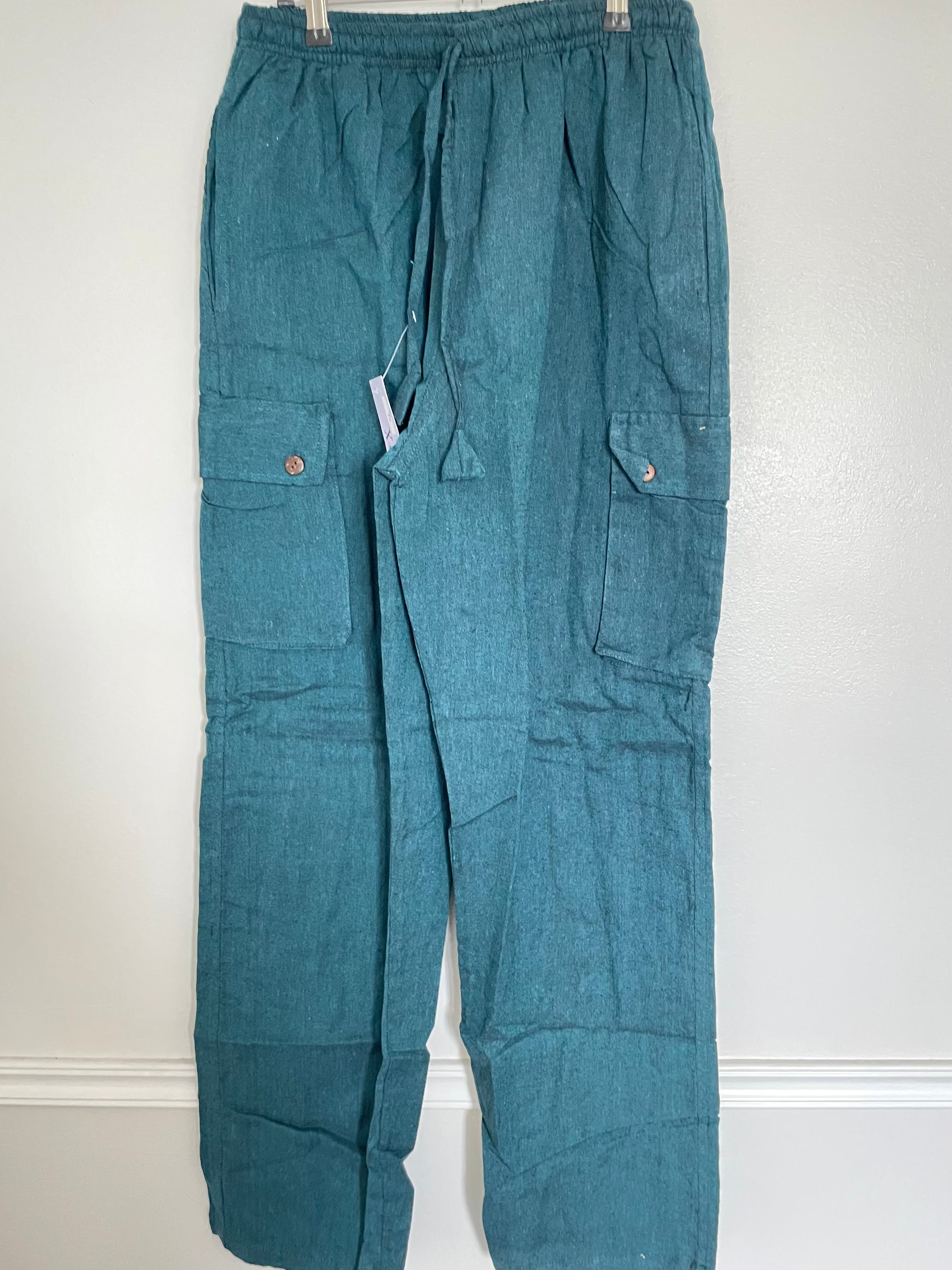 Teal Cotton Cargo Trousers, XL