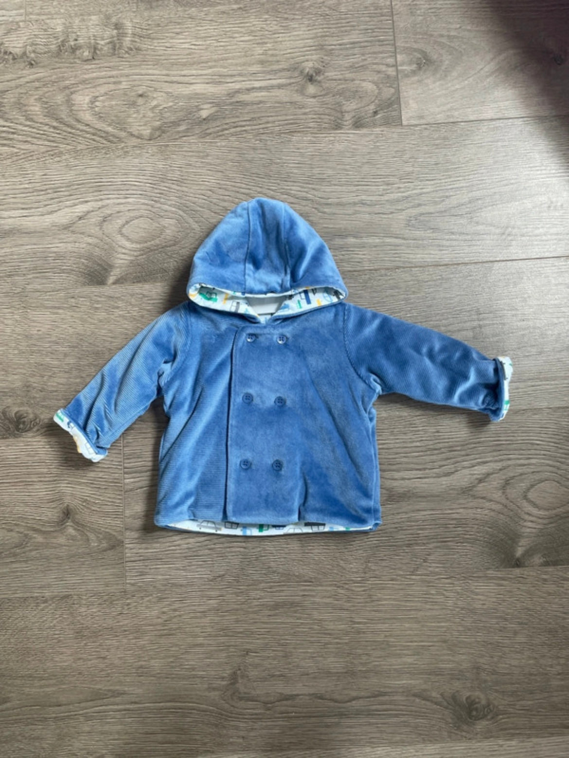 Blue padded jacket with cars on lining (0-3 mths)