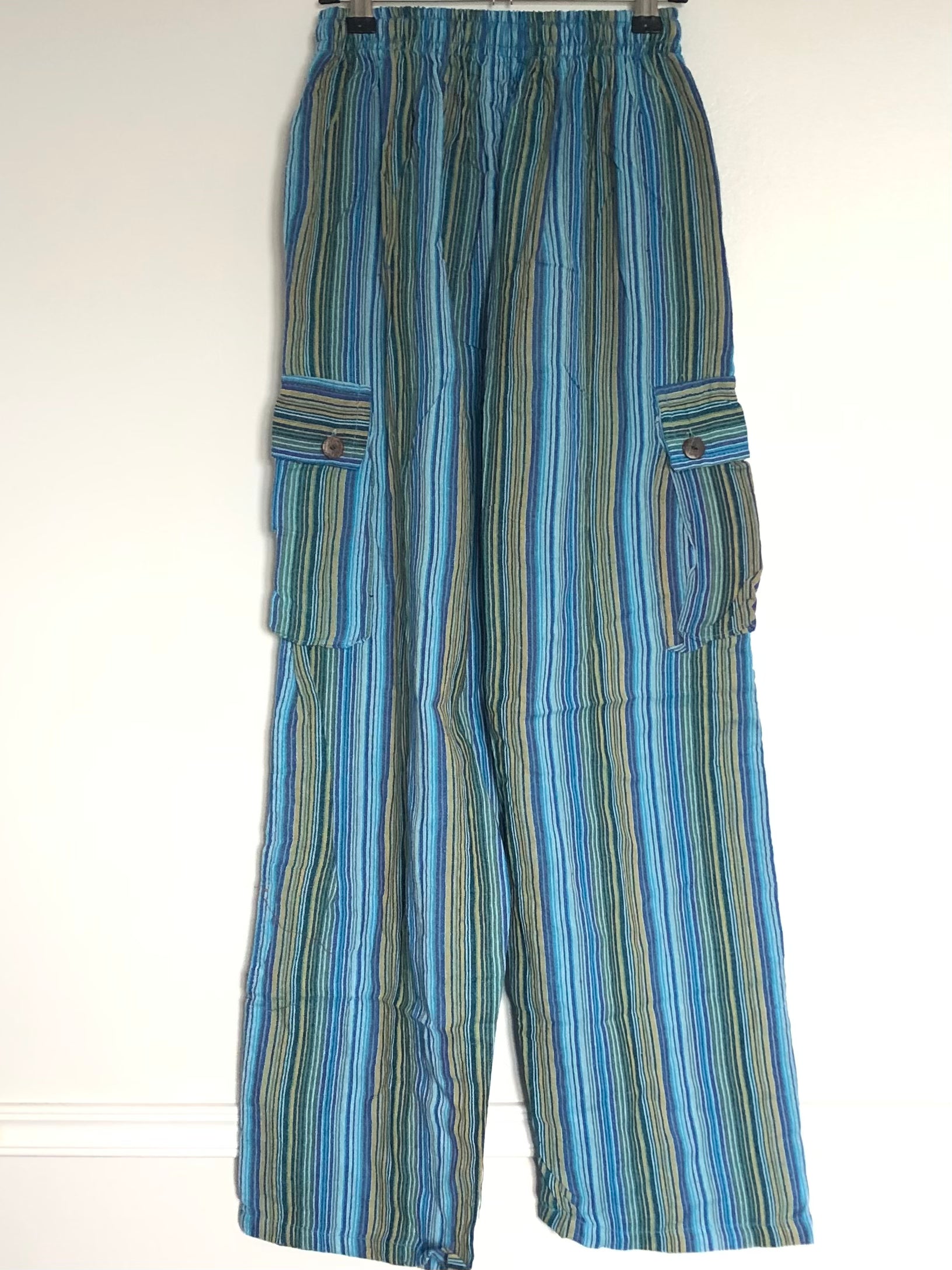 Green/Blue Striped Cotton Cargo Trousers, L