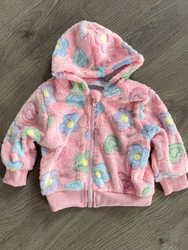 Fluffy Pink Flower Fleece Hooded Jacket (6-9 mths)