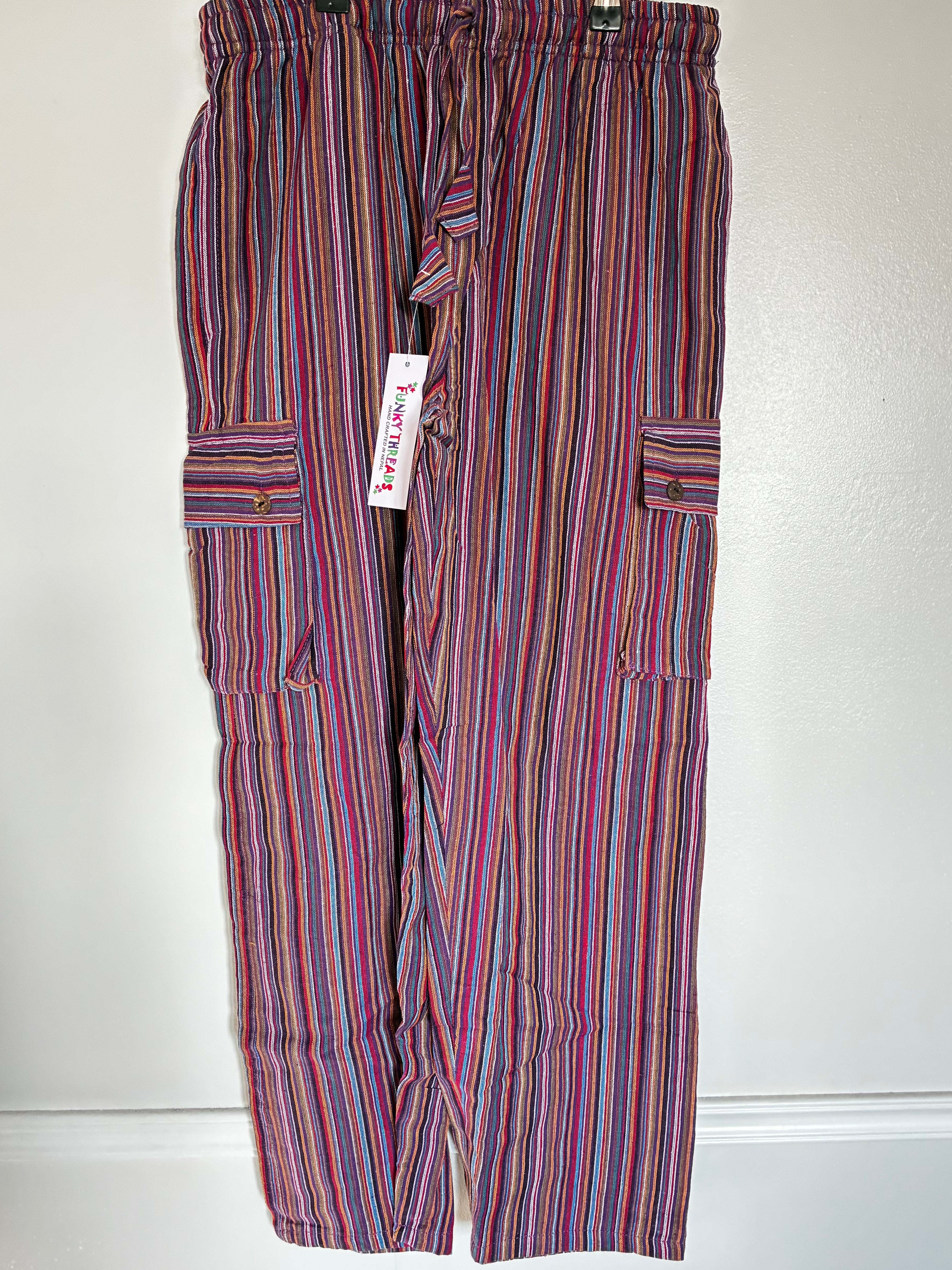 Red/Purple Striped Cotton Cargo Trousers, XXL