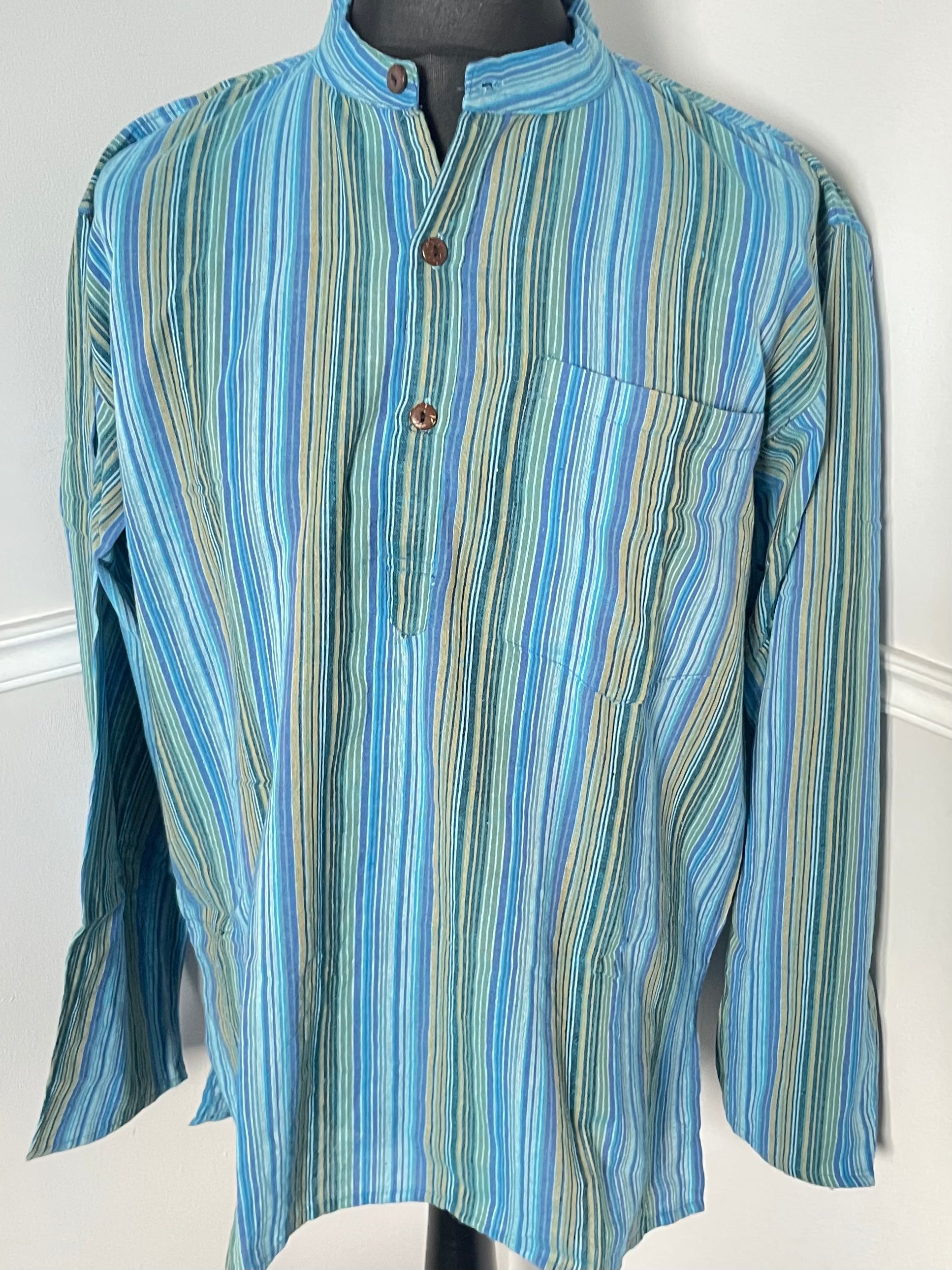 Blue/Green Stripe Cotton Shirt, S/M