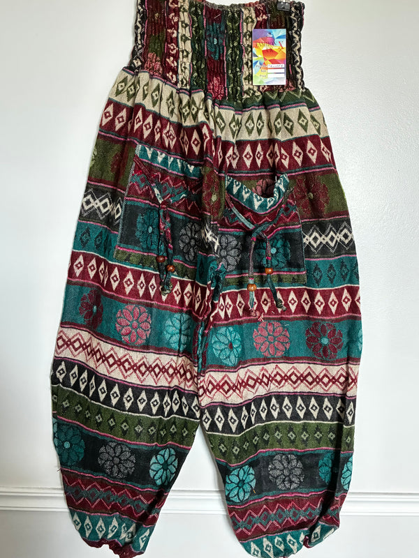 Fluffy Turquoise/red Flower Cashmelon Trousers, 21"-46" Waist