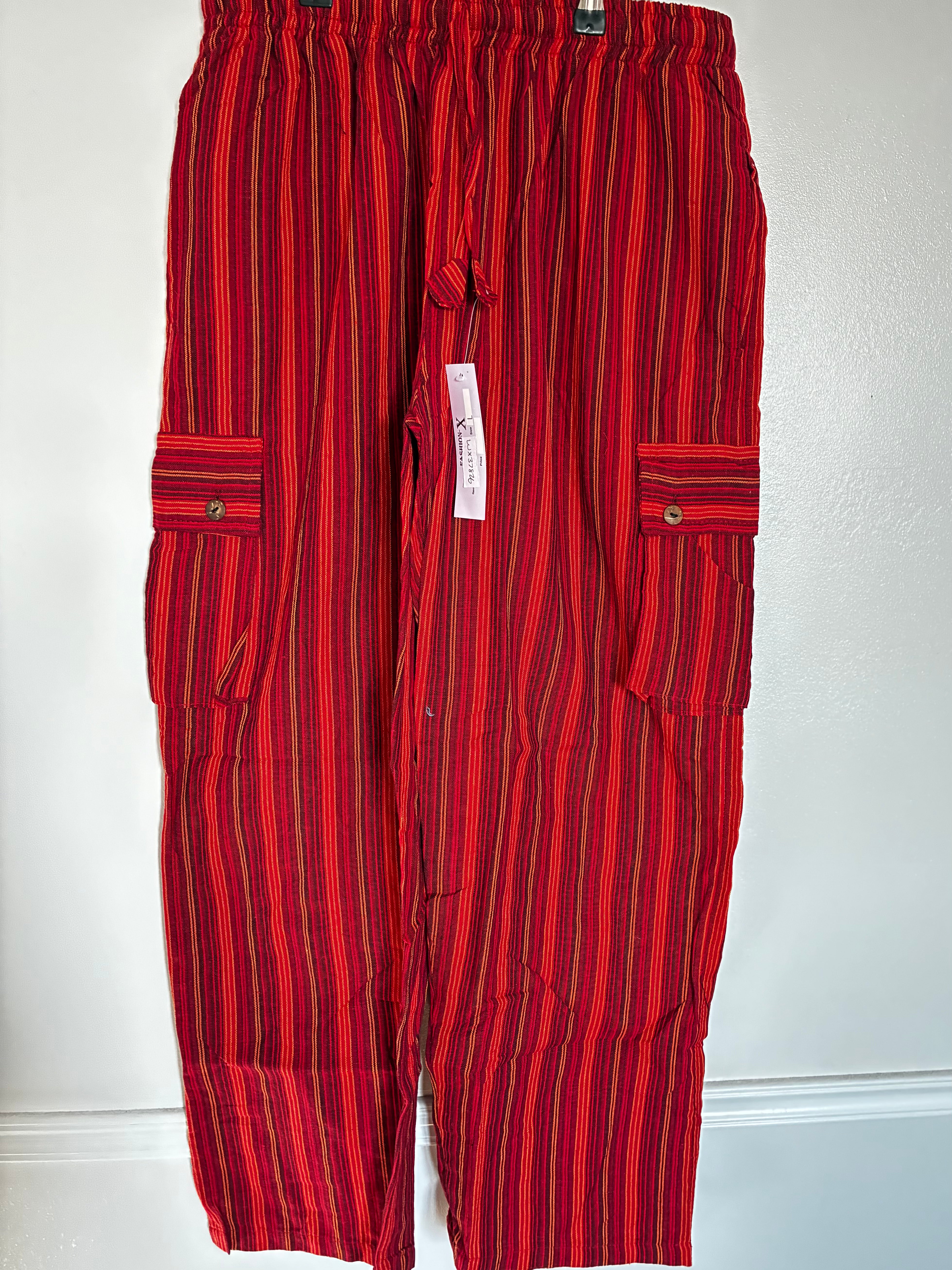 Red Striped Cotton Cargo Trousers, XXL