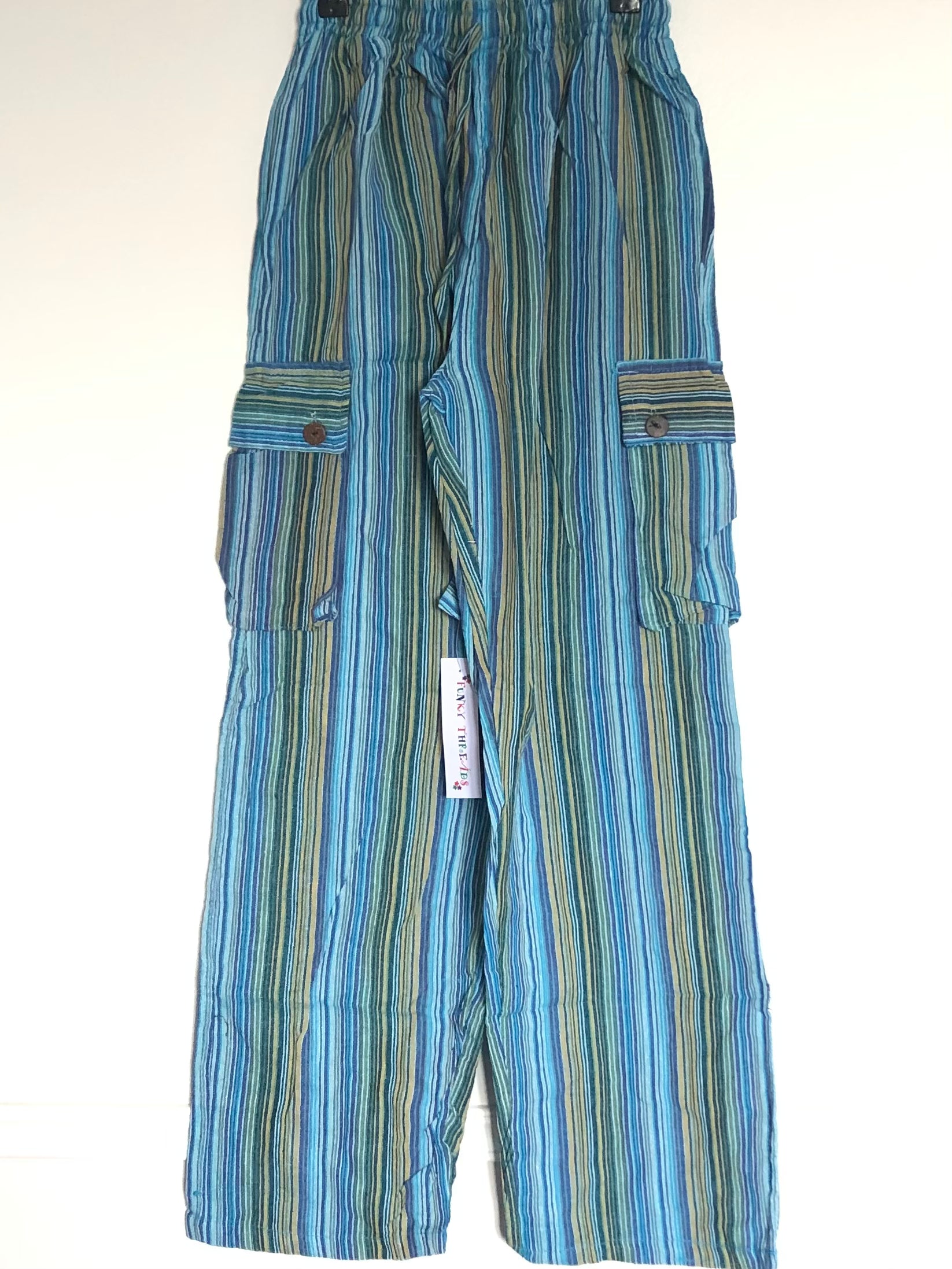 Green/Blue Striped Cotton Cargo Trousers, L