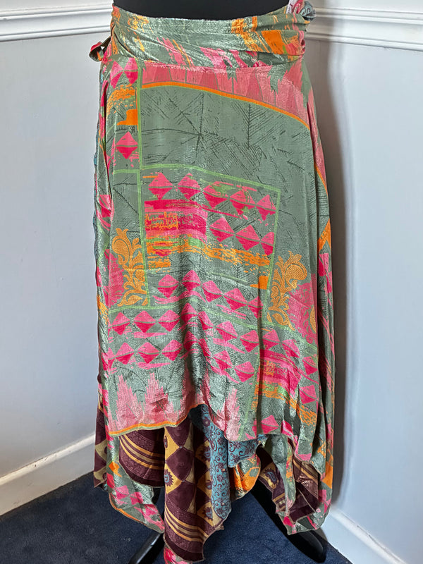 Recycled Saree Reversible Wrap Skirt with Pixie Hem