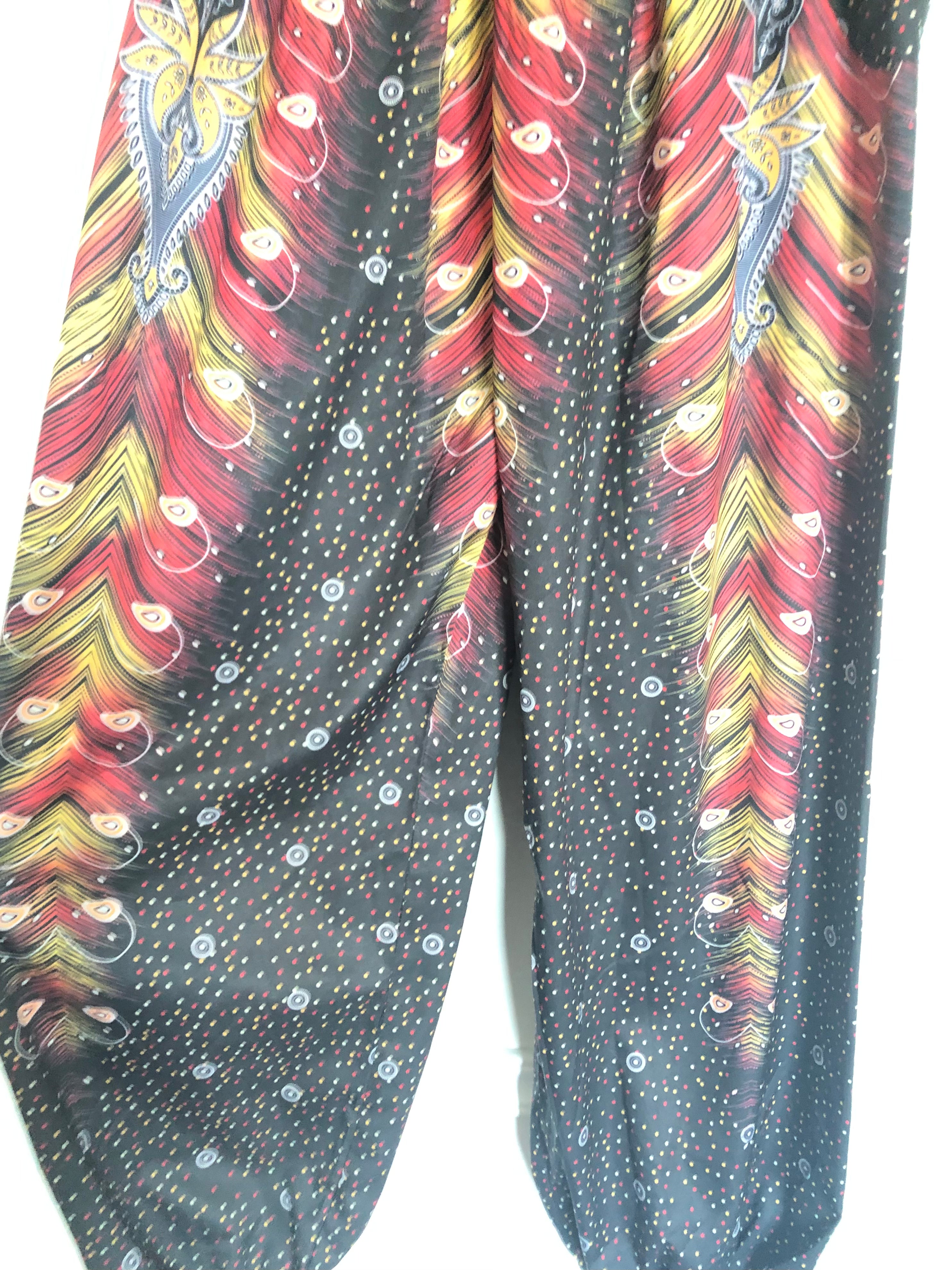 Black/Gold Peacock Feather Harem Trousers, 22”-41” waist