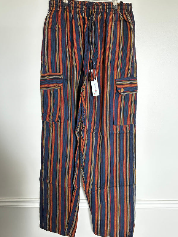 Blue/Orange Striped Cotton Cargo Trousers, XXL