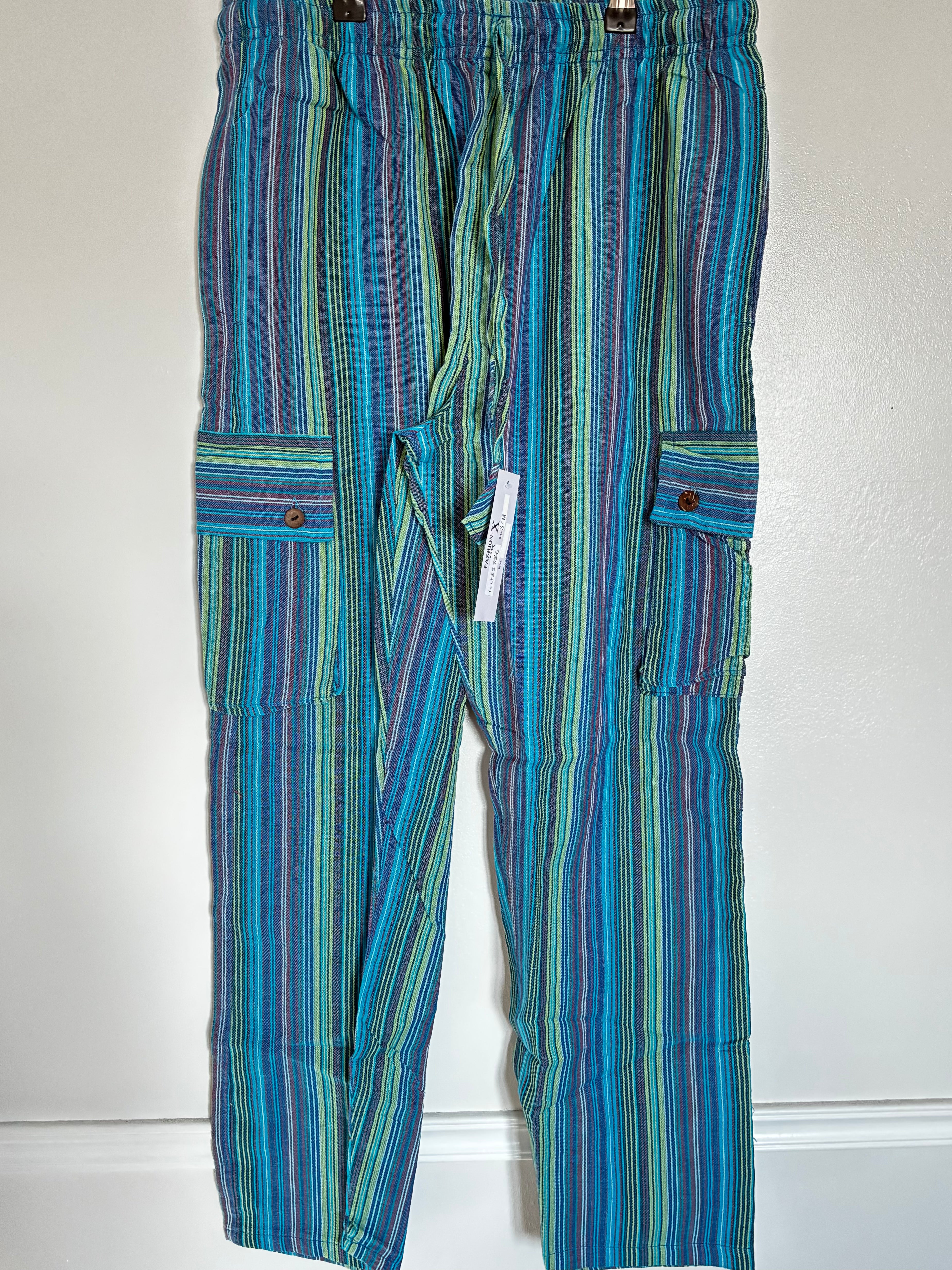 Blue/Green Striped Cotton Cargo Trousers, S/M
