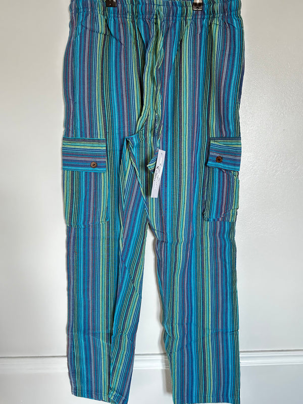 Blue/Green Striped Cotton Cargo Trousers, S/M