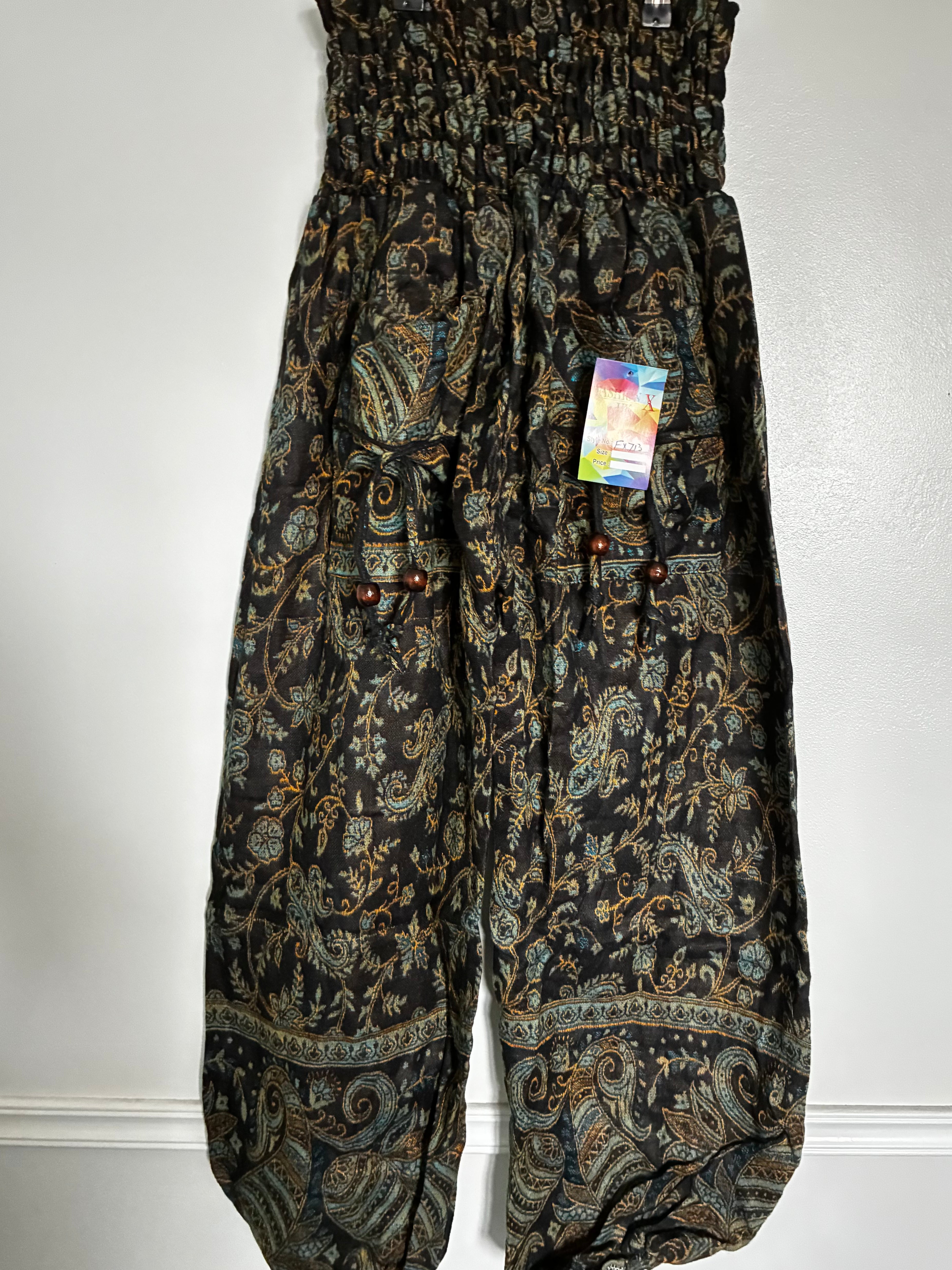 Fluffy Black/Turquoise Paisley Cashmelon Trousers, 24-47" Waist