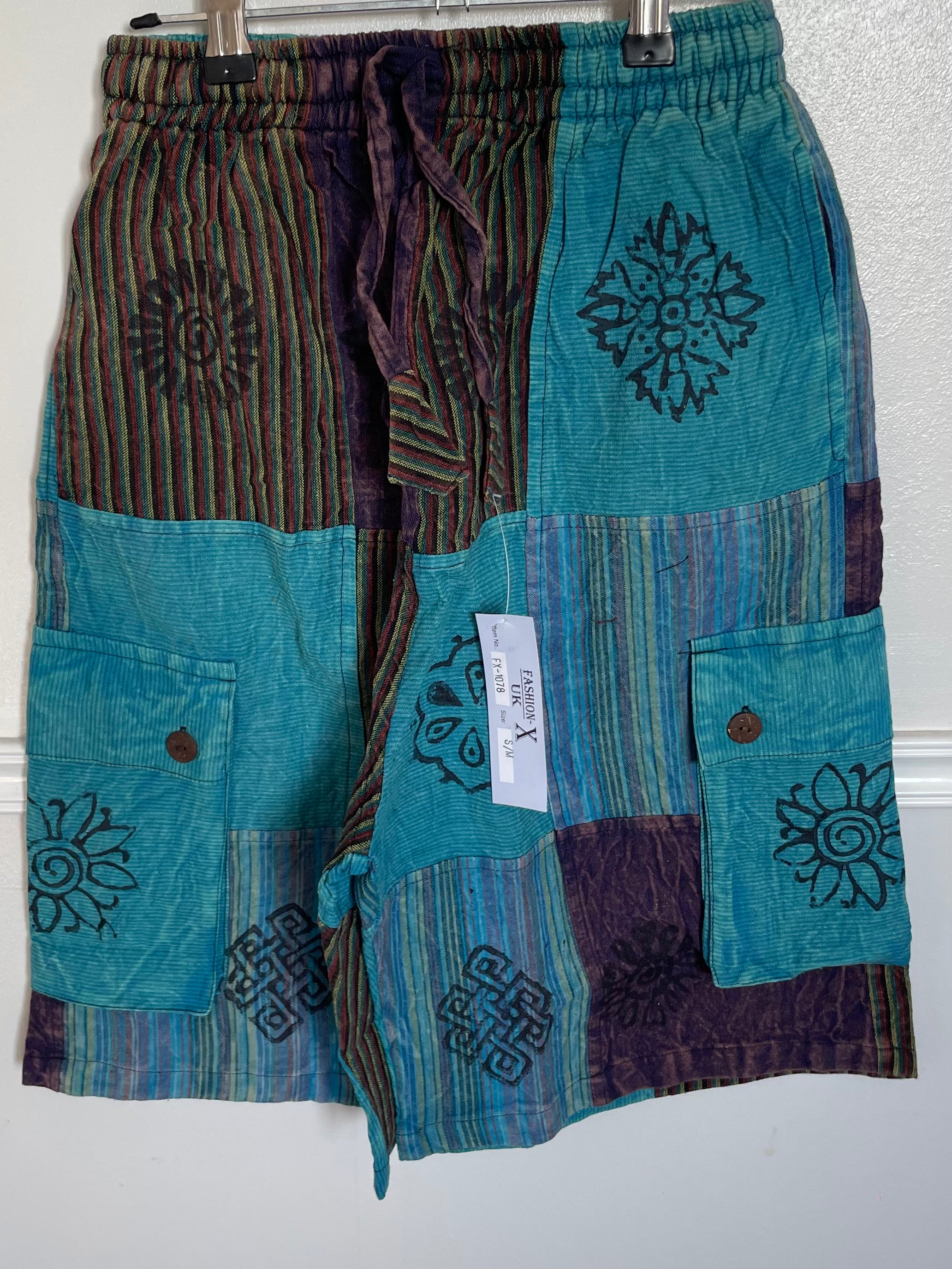 Blue Patchwork Cargo Shorts, S/M