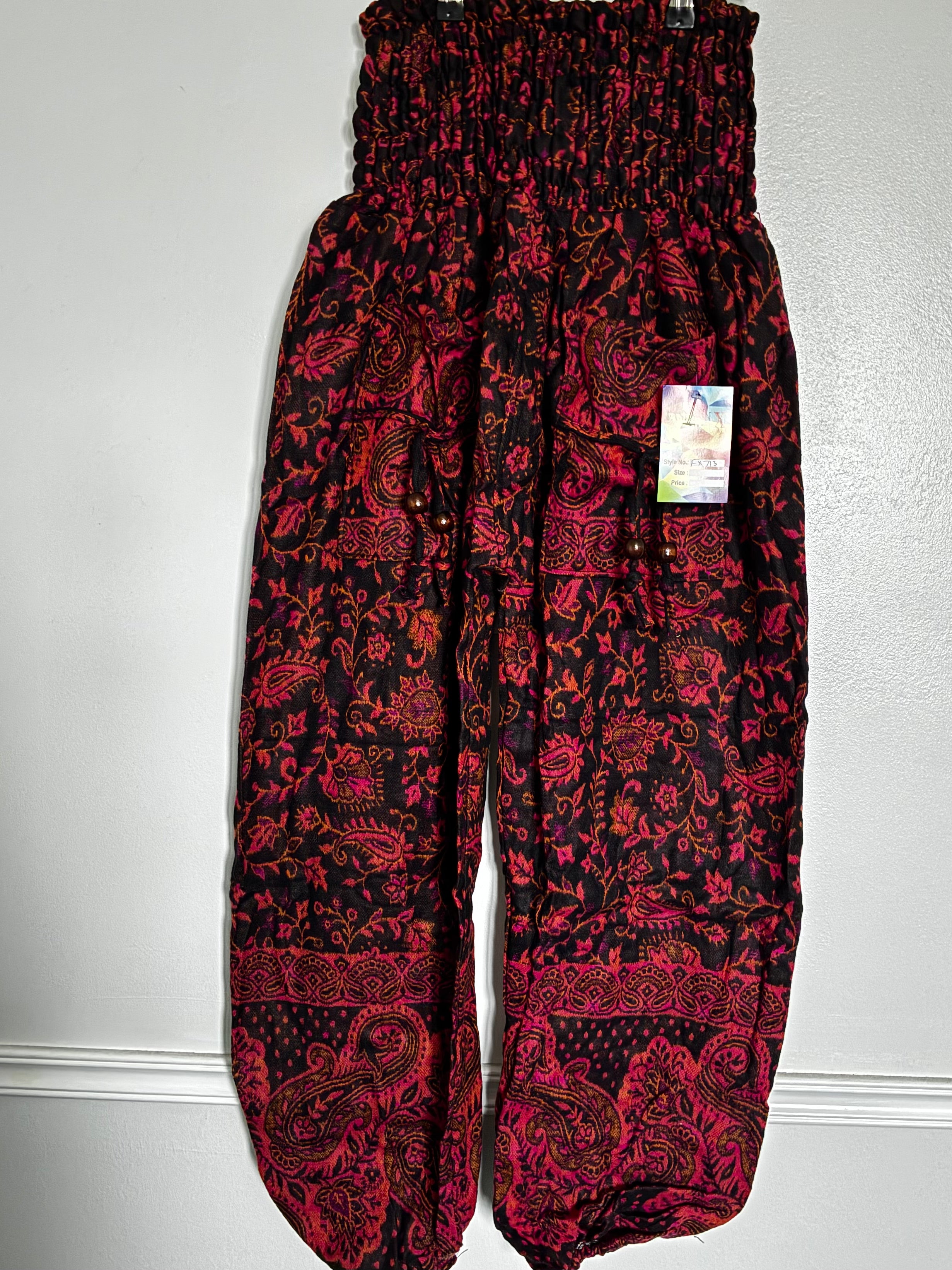 Fluffy Black/Pink Paisley Cashmelon Trousers, 24-48" Waist