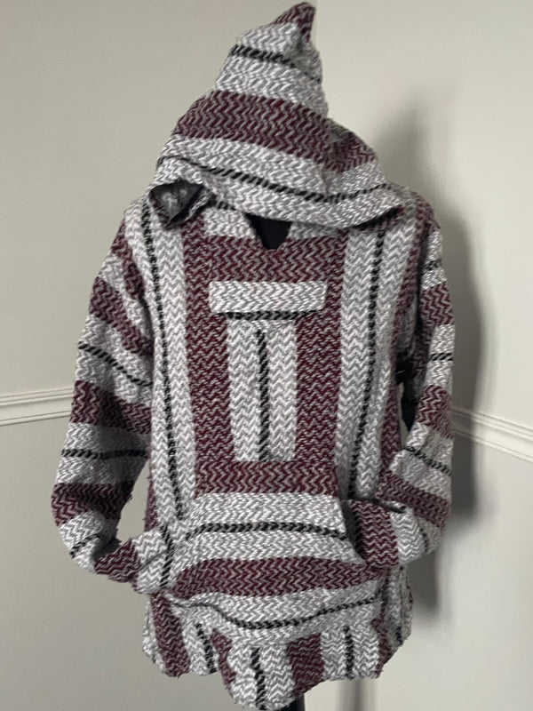 Grey/Burgundy Stripe Baja Hoodie, L