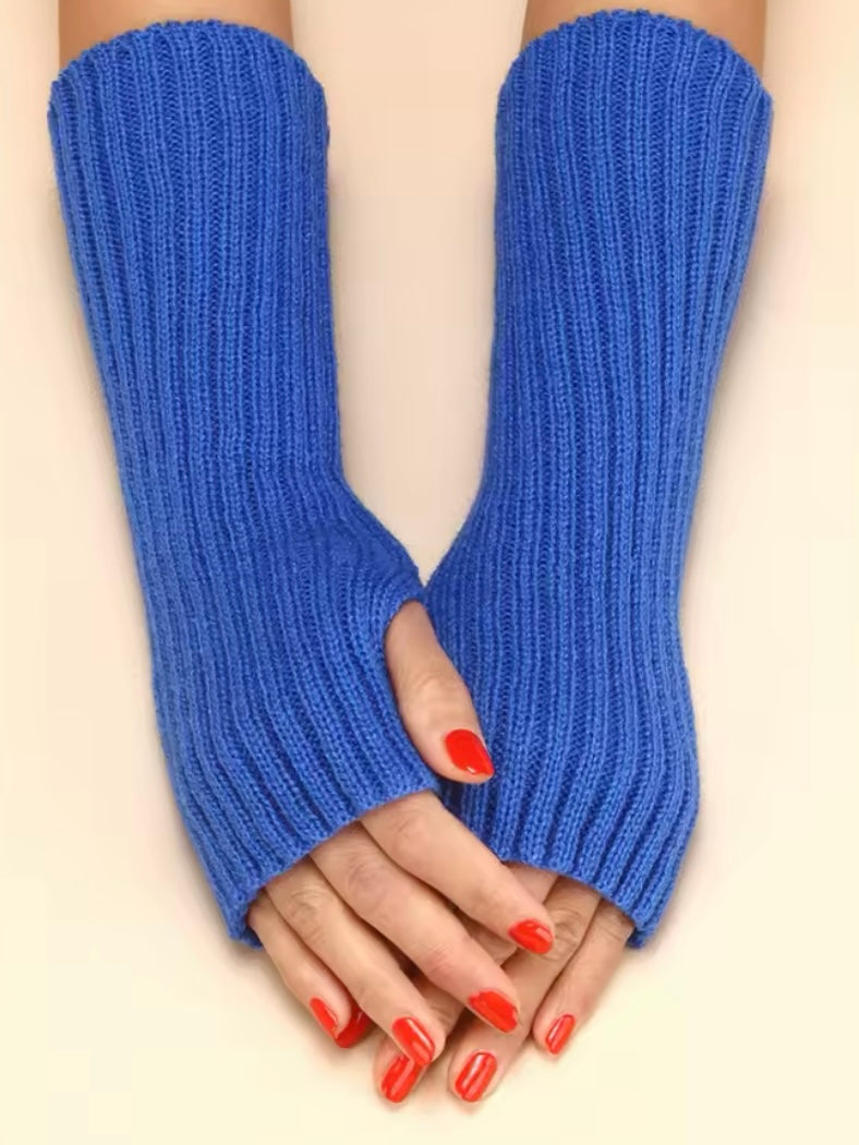 Blue Long Sleeve Knit Fingerless Gloves