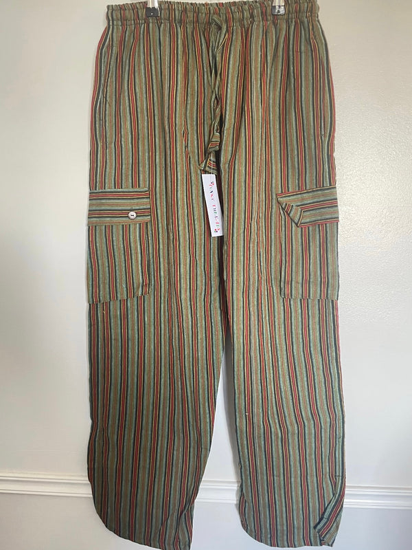 Dark Green/Red Striped Cotton Cargo Trousers, XL
