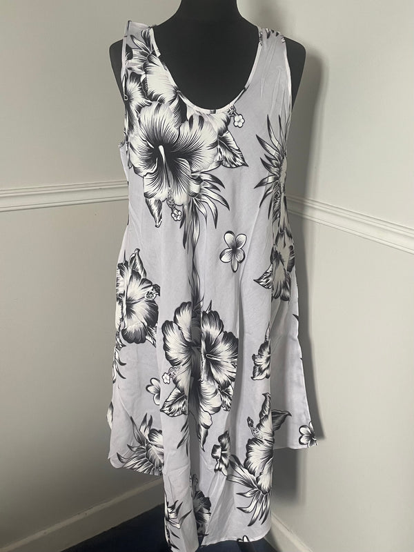 White with Black Flowers Hippy Dress, one size