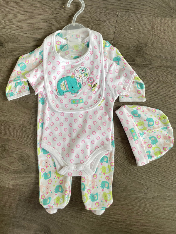 4 Pack Elephant Romper Set (0-3 mths)