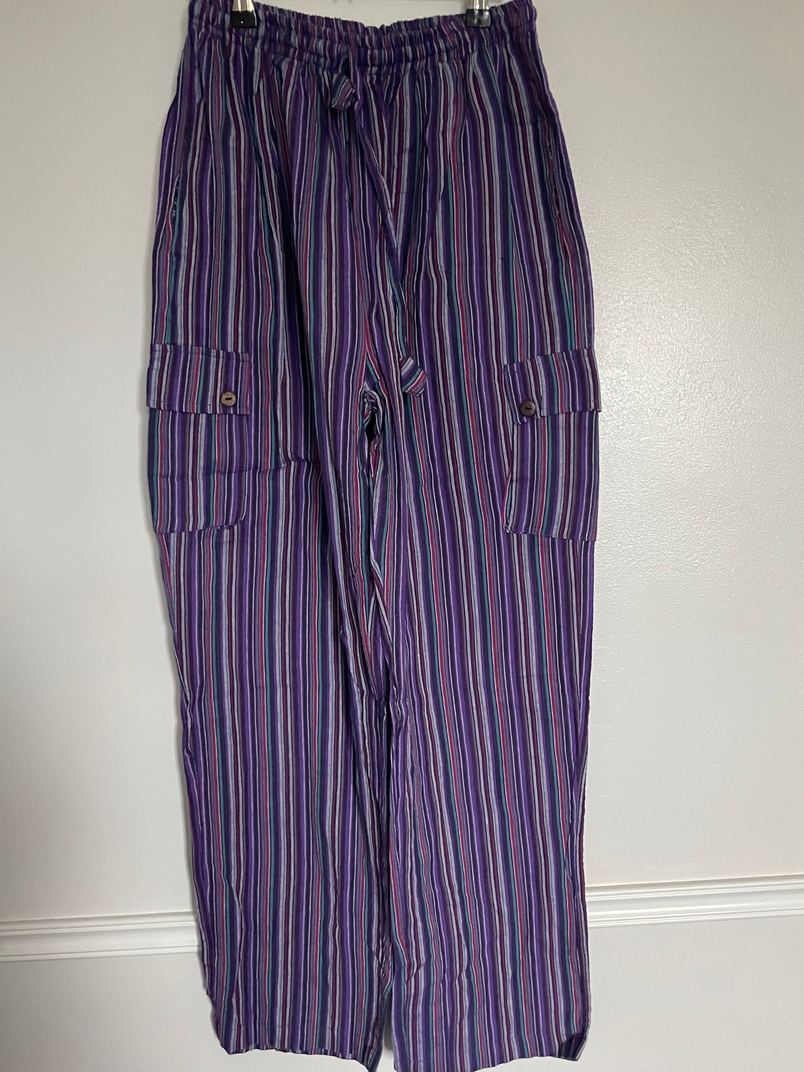 Purple/Blue Striped Cotton Cargo Trousers, M