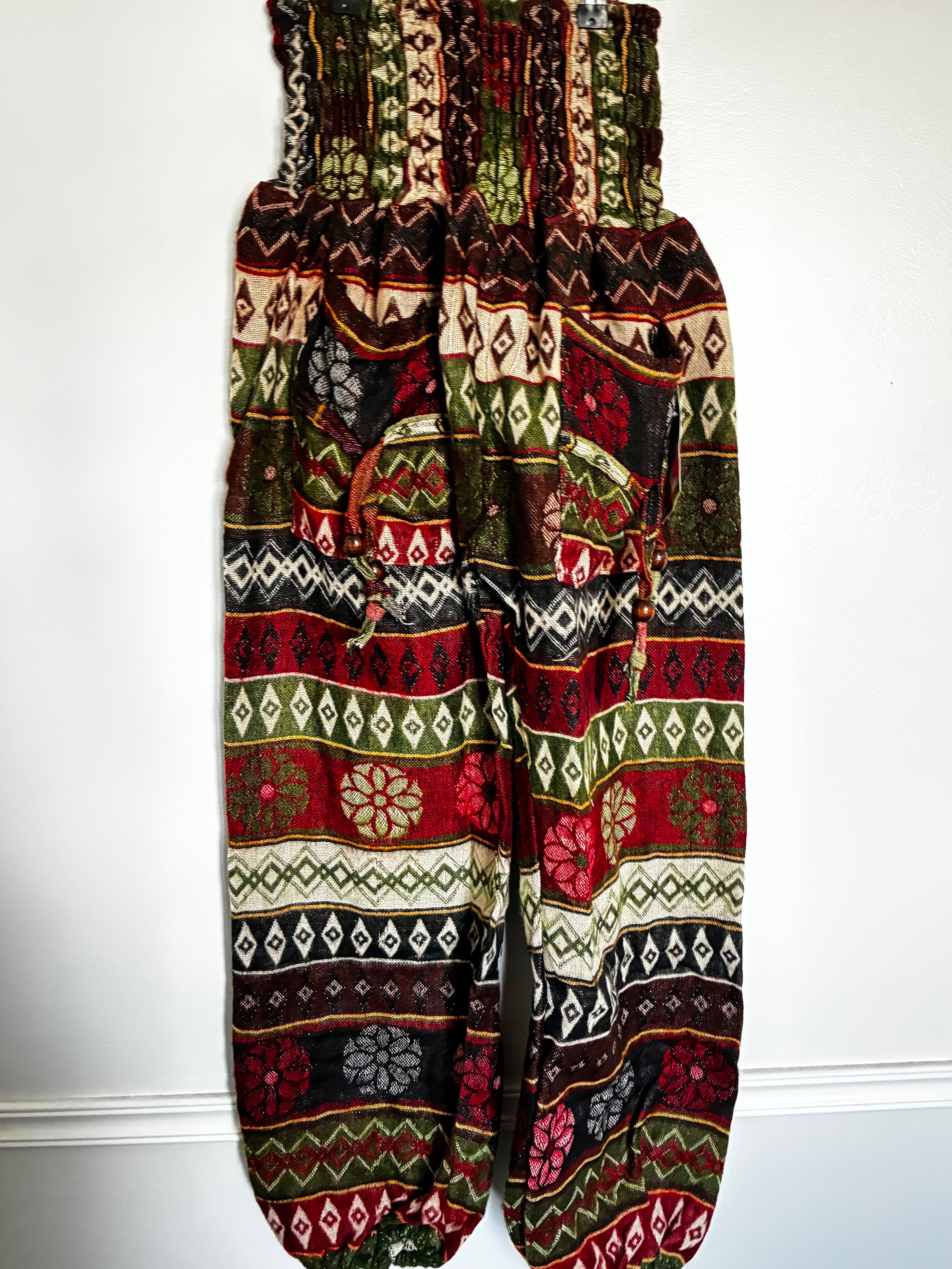 Fluffy Brown/Green Flower Cashmelon Trousers, 25"-44" Waist