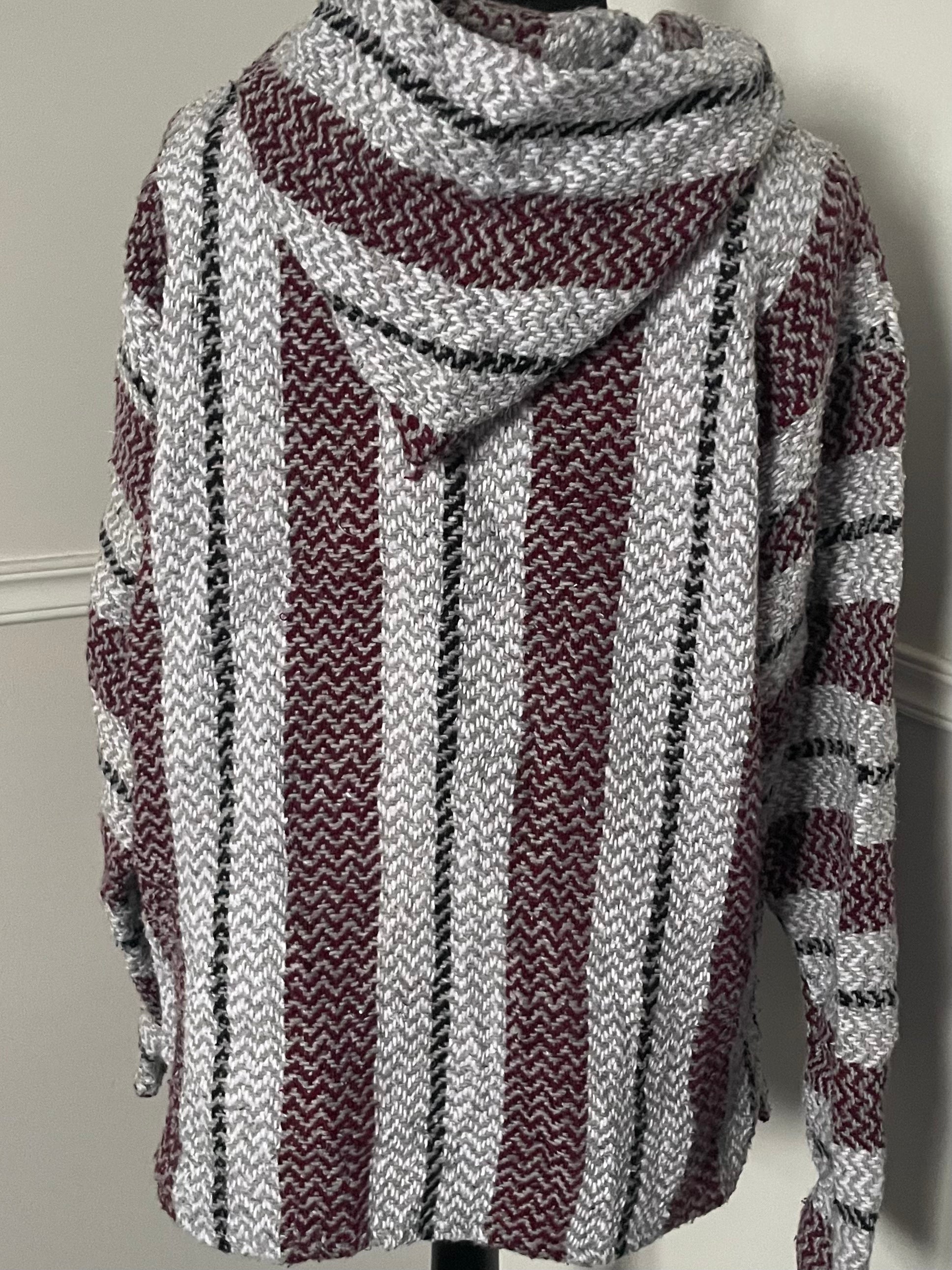 Grey/Burgundy Stripe Baja Hoodie, L