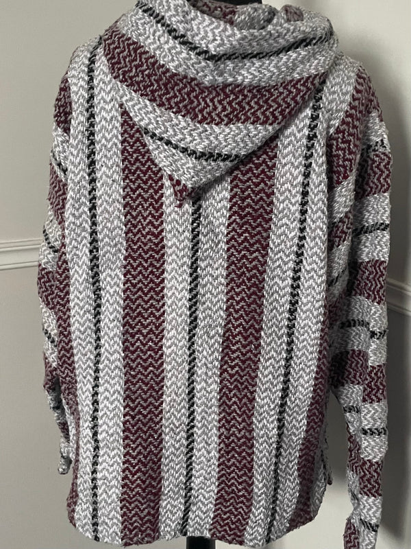 Grey/Burgundy Stripe Baja Hoodie, L