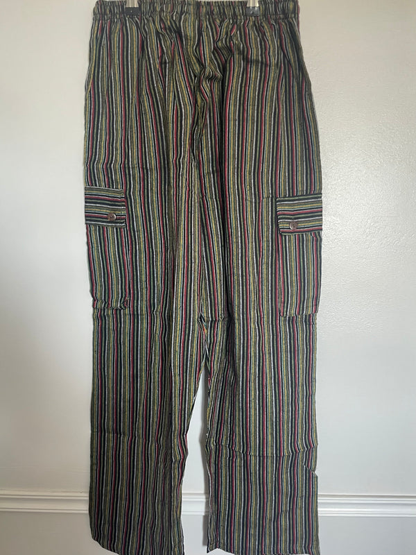 Red/Green Stripe Cotton Cargo Trousers, S/M