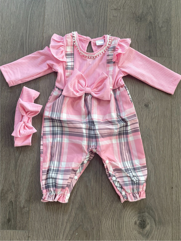 Pink check dungaree romper with headband (0-3 mths)