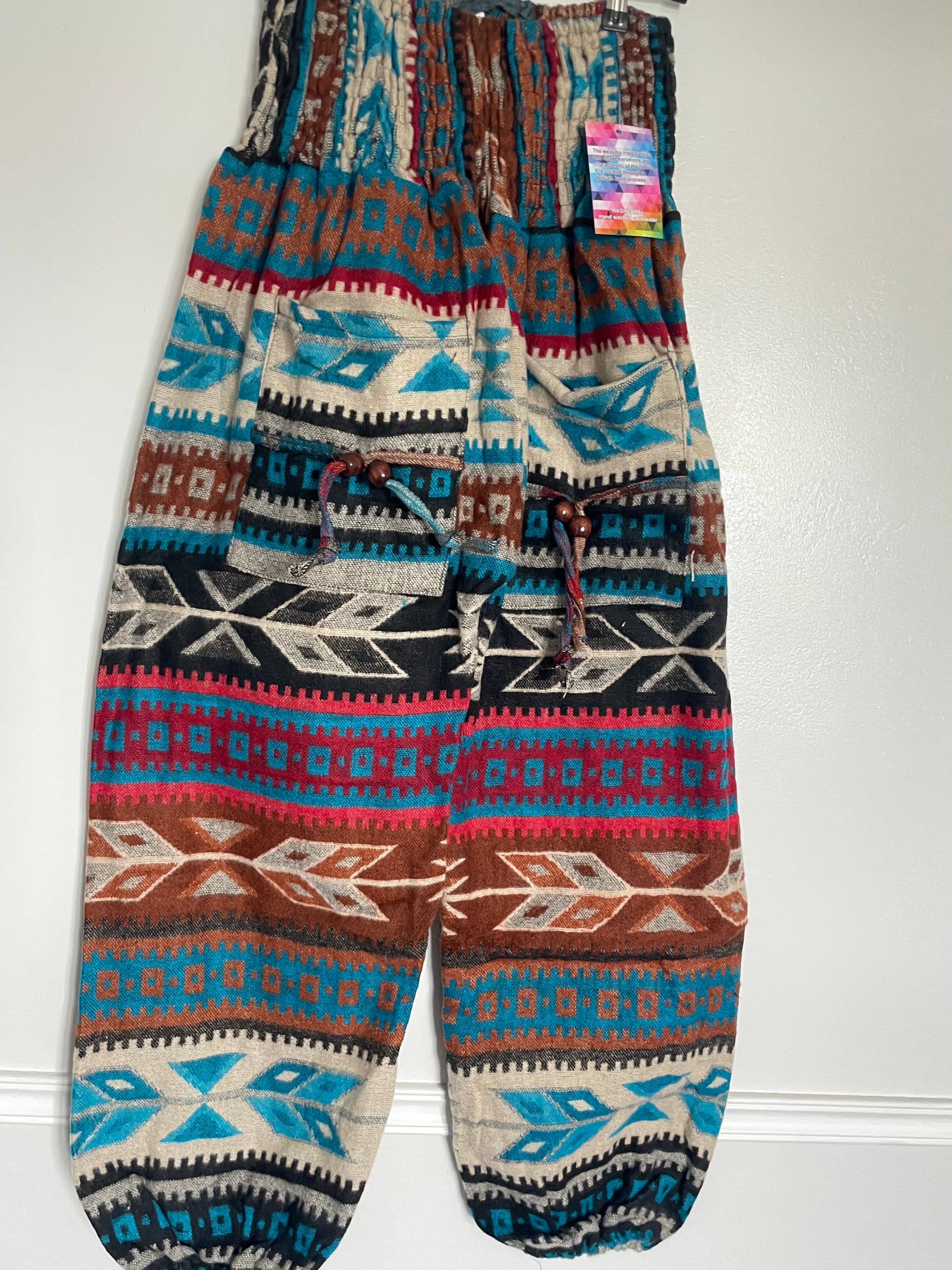 Snuggly Red/Light blue/Brown Aztec Cashmelon Trousers, 22-46” Waist