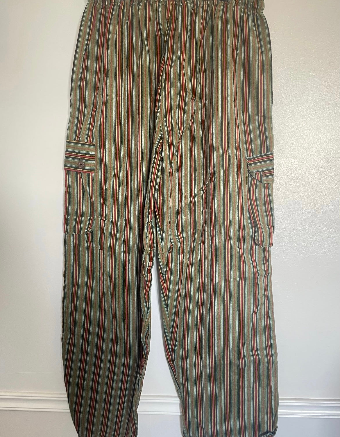 Dark Green/Red Striped Cotton Cargo Trousers, L