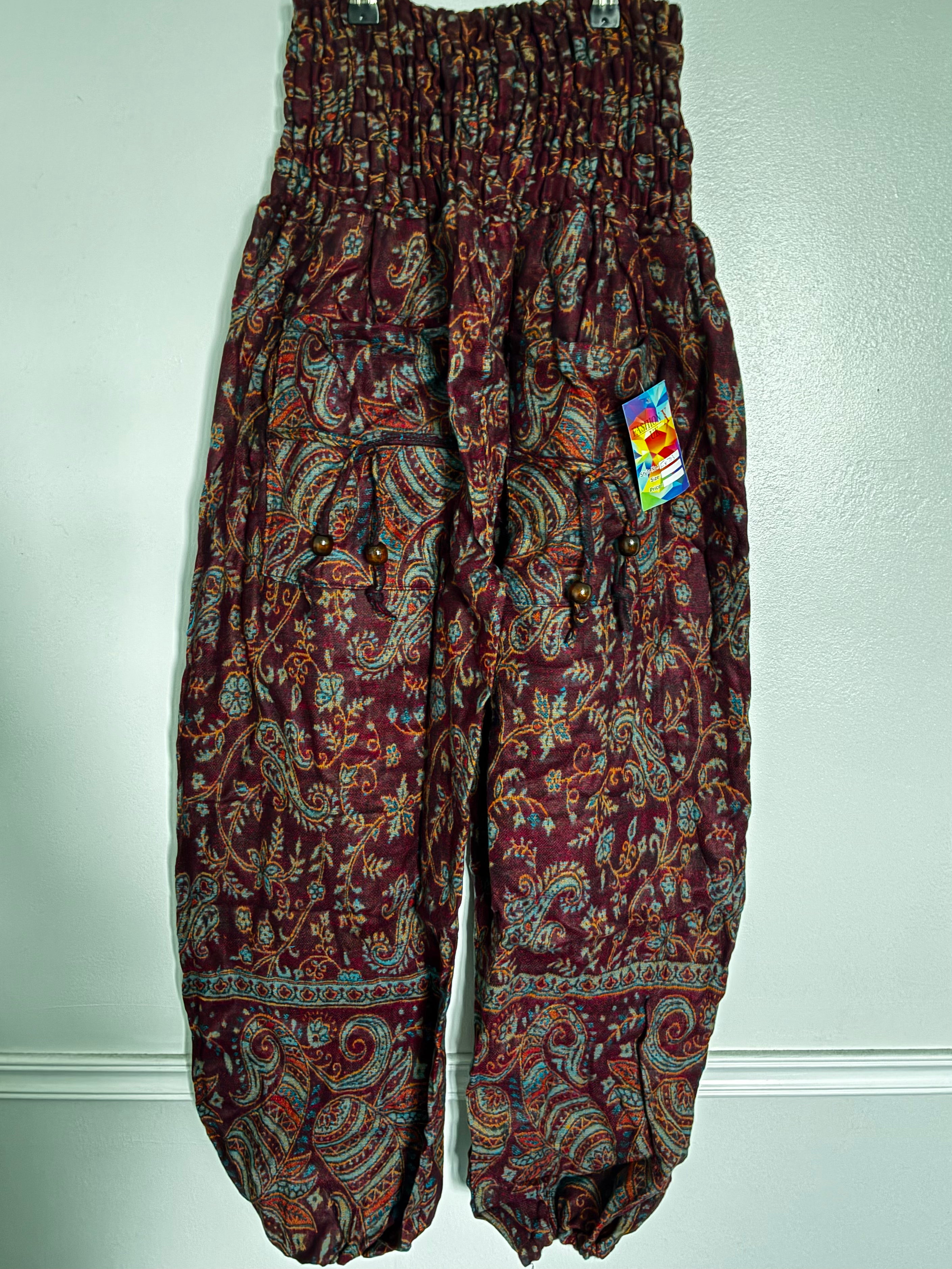 Fluffy Red/Blue Paisley Cashmelon Trousers, 23-48" Waist