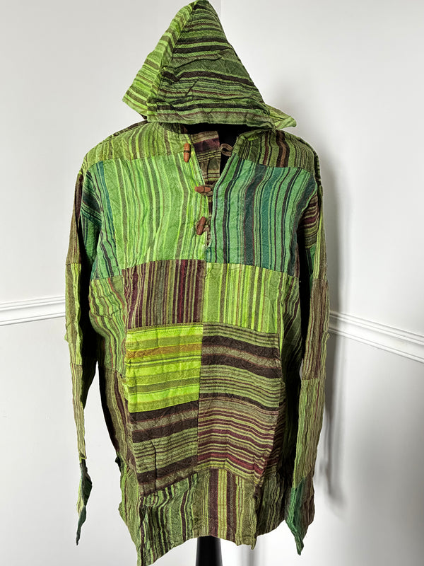 Patchwork Seersucker Hooded Shirt, XXL