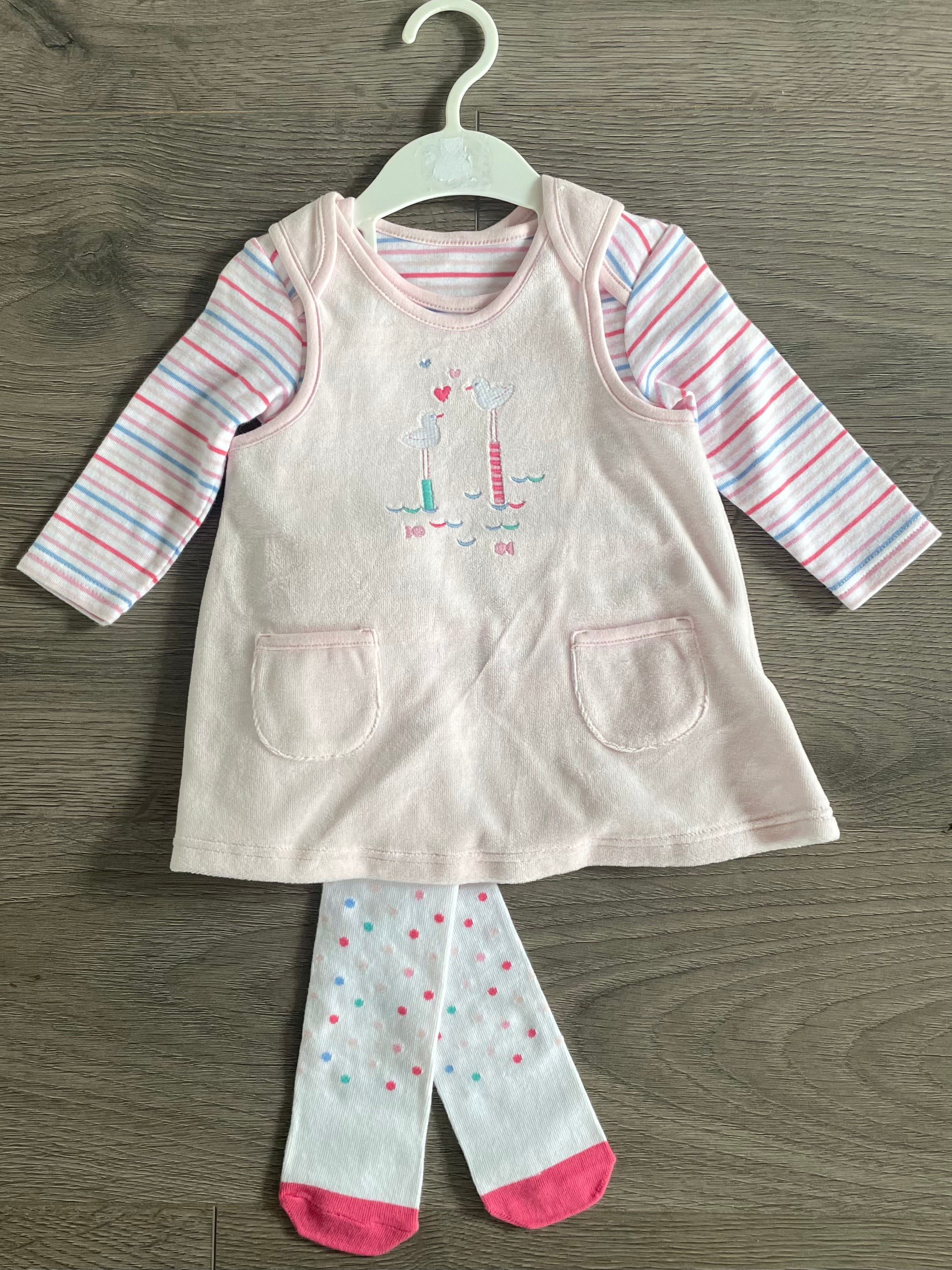 Pink pinafore, striped top and spotty tights (0-3mths)