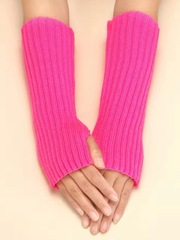 Dark Pink Long Sleeve Knit Fingerless Gloves