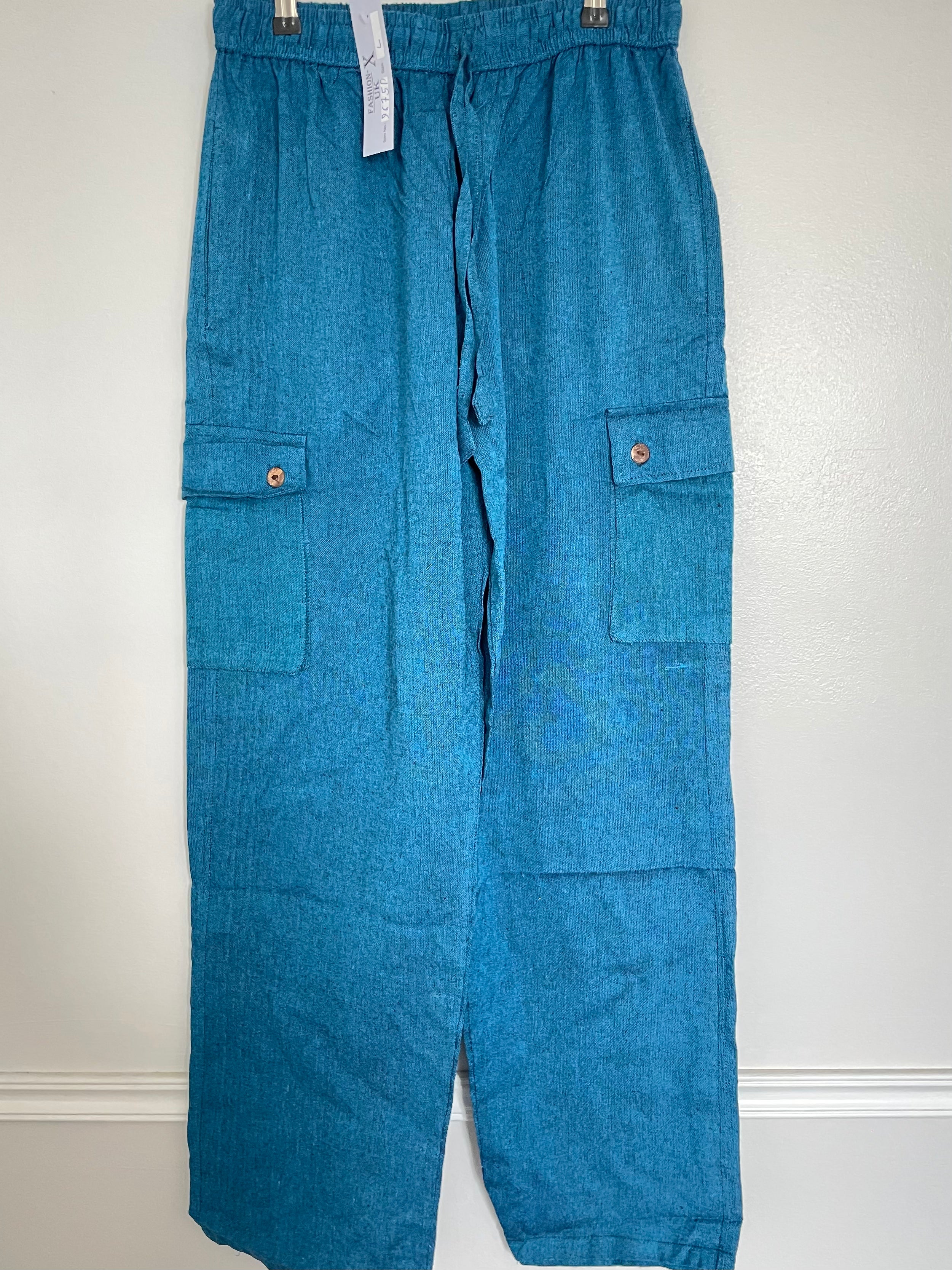 Turquoise Cotton Cargo Trousers, S/M