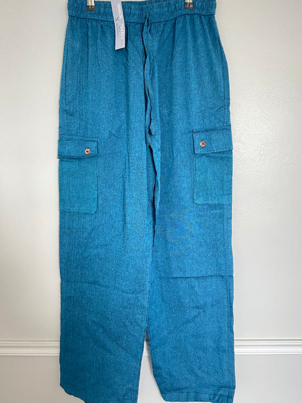 Turquoise Cotton Cargo Trousers, L