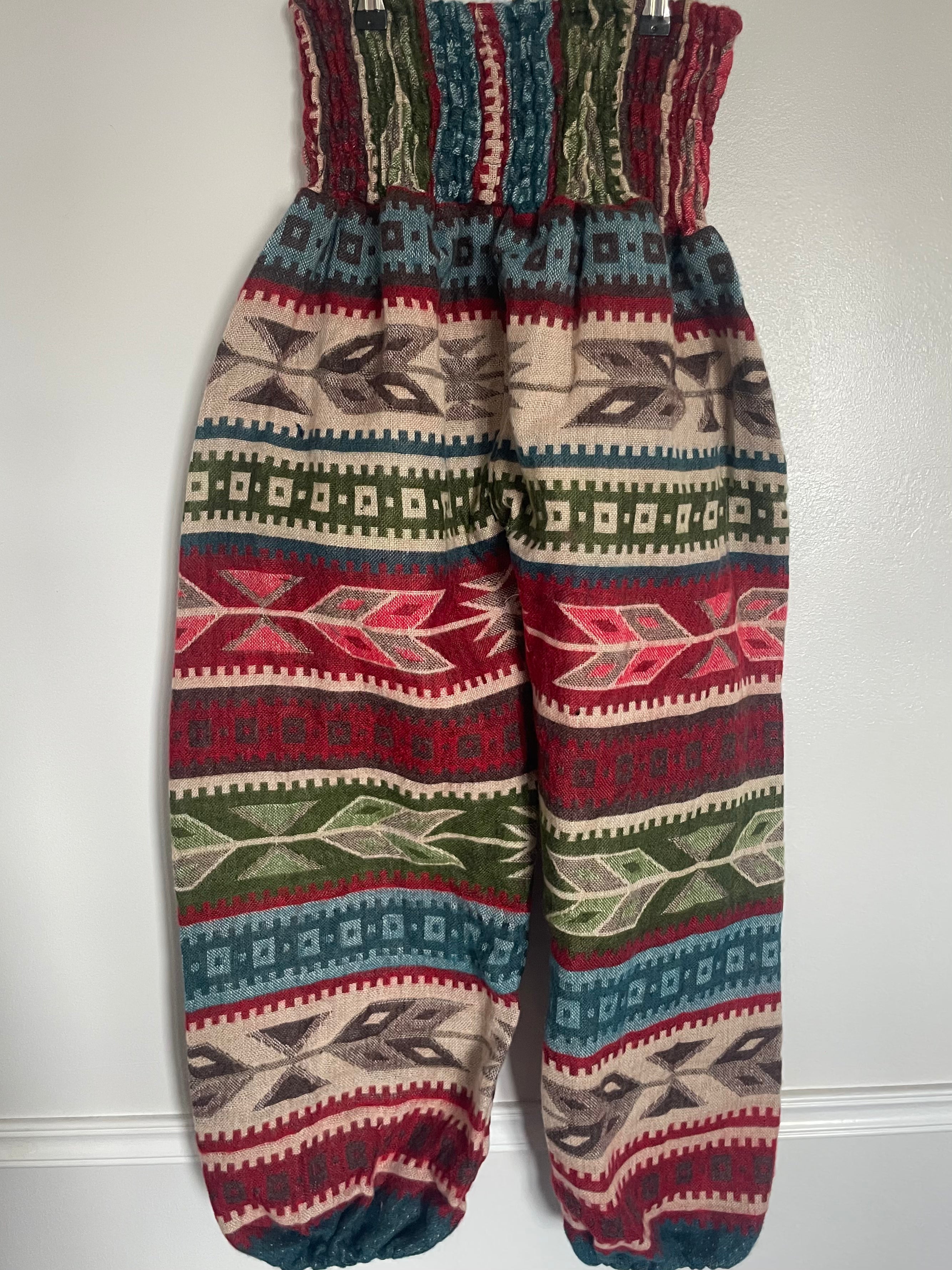 Snuggly Red/Green Aztec Cashmelon Trousers, 24-48” Waist