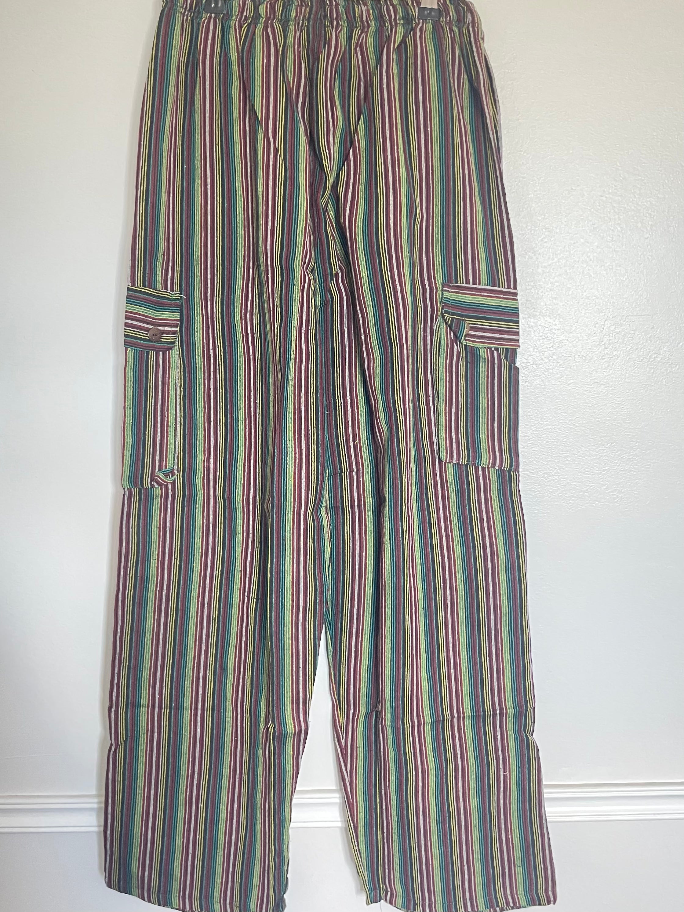 Burgundy/Green/Yellow Striped Cotton Cargo Trousers, S/M