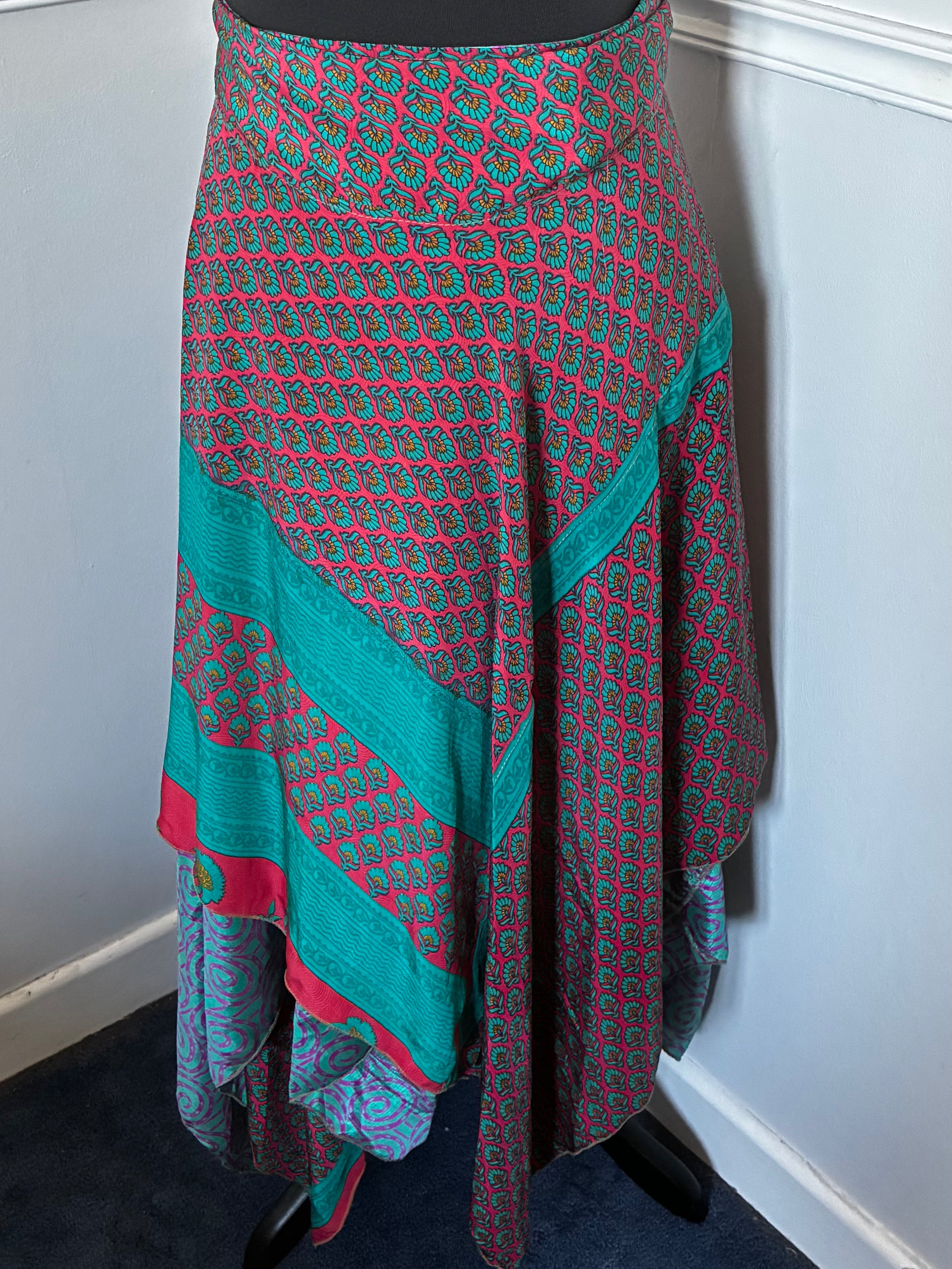 Recycled Saree Reversible Wrap Skirt with Pixie Hem