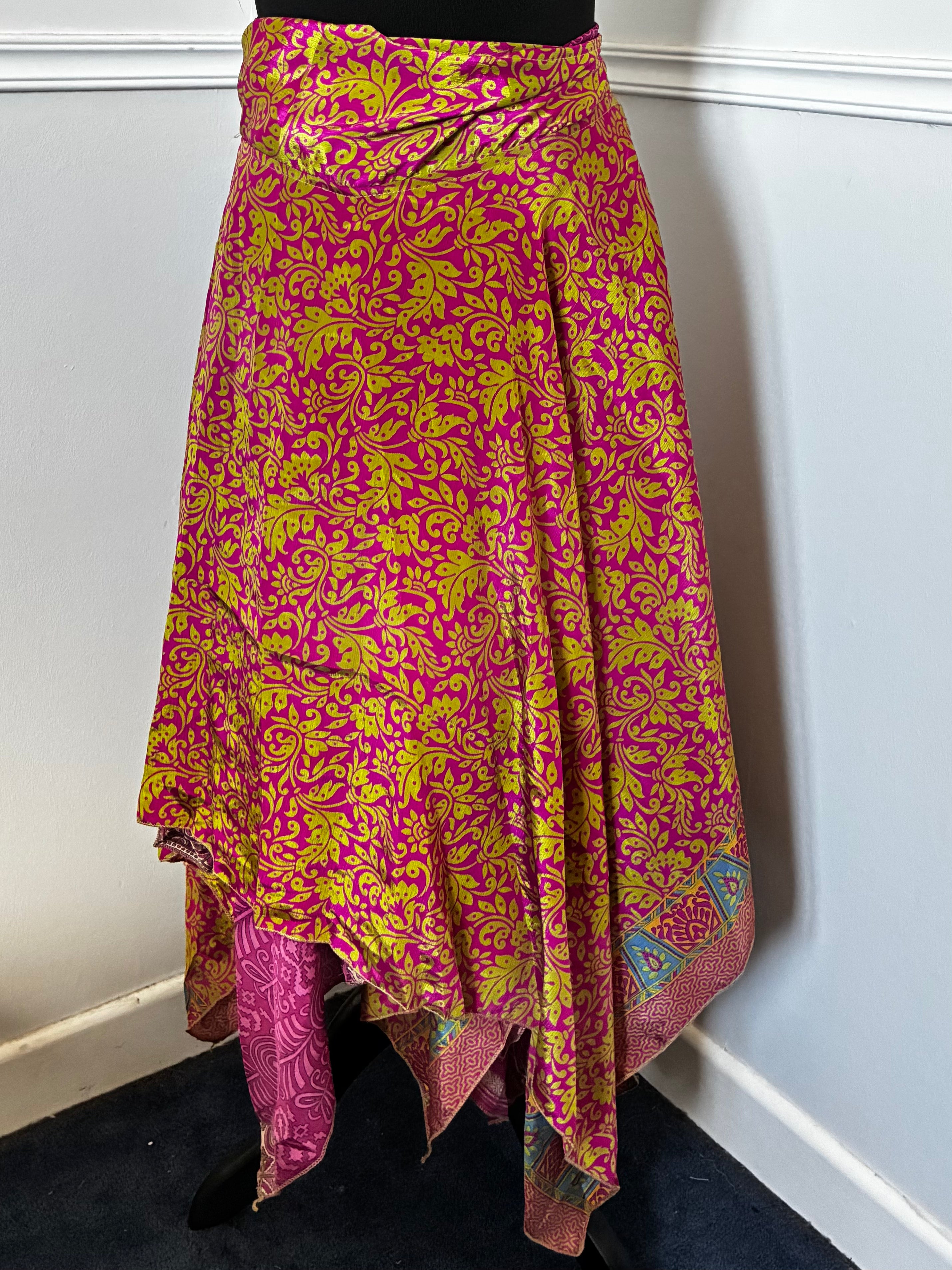 Recycled Saree Reversible Wrap Skirt with Pixie Hem
