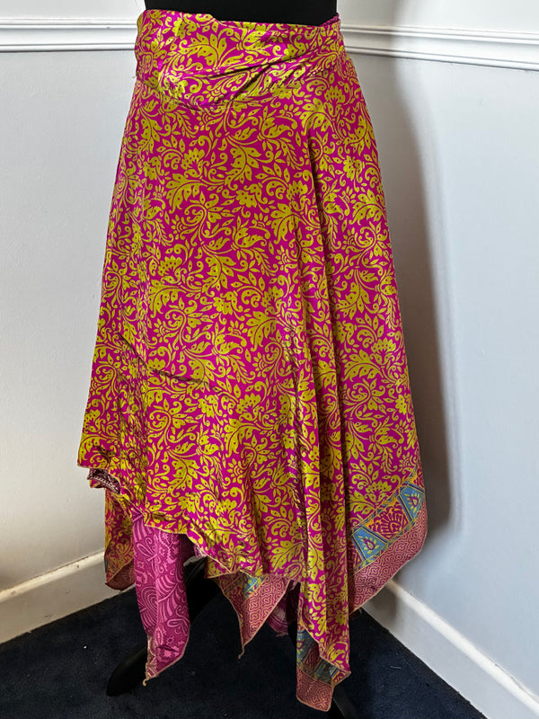 Recycled Saree Reversible Wrap Skirt with Pixie Hem